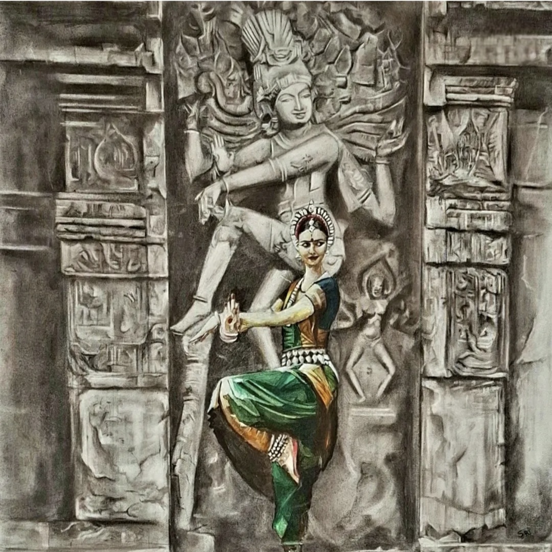 Nataraja by Sriparna Ghose, dancer in traditional attire and temple sculpture