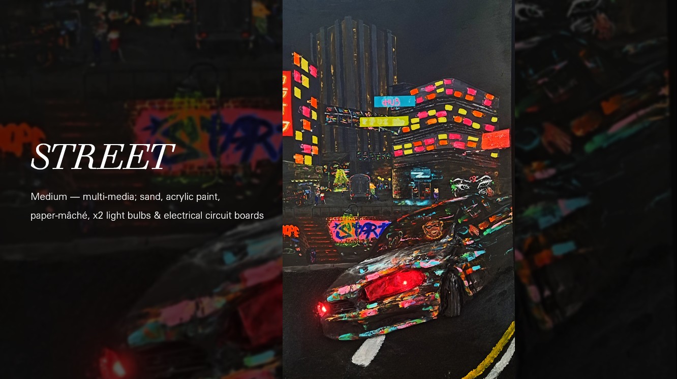 Street by Alexa Louw - vibrant street scene with a 3D car
