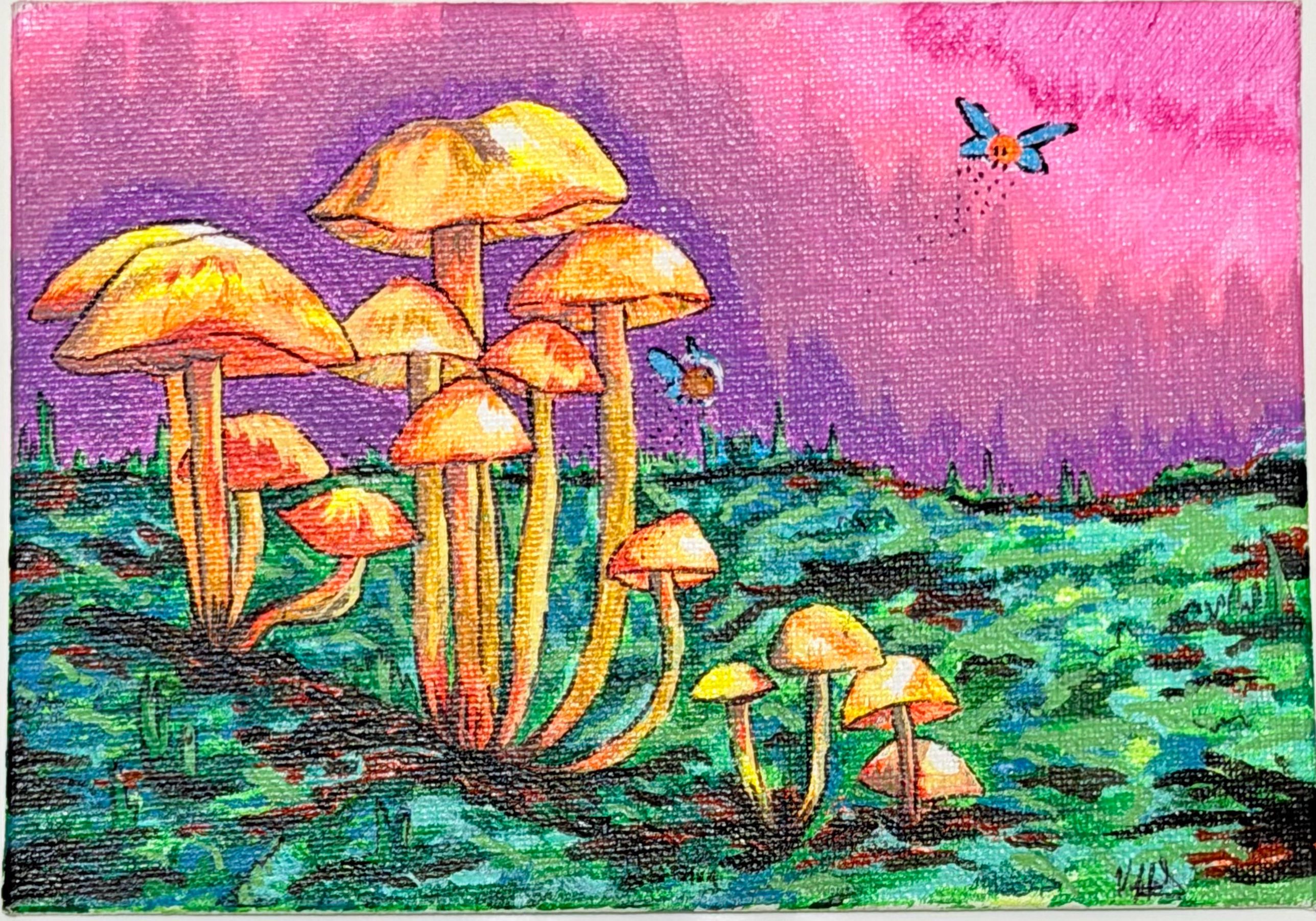 Lonely Mushrooms by Valeria, vibrant yellow mushrooms on forest floor