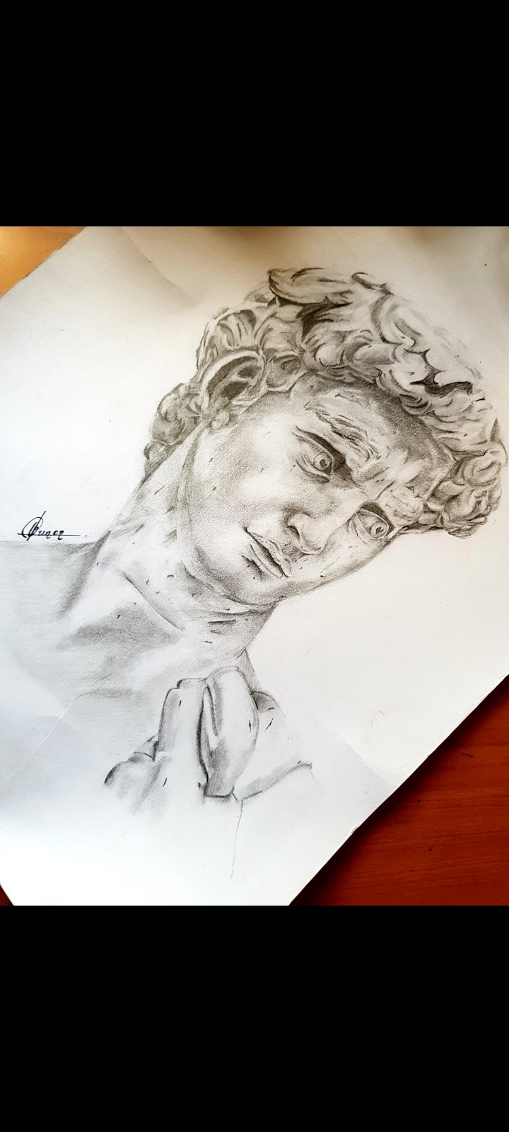 The statue of David by Brenon Fernando, pencil drawing of David's face and upper torso