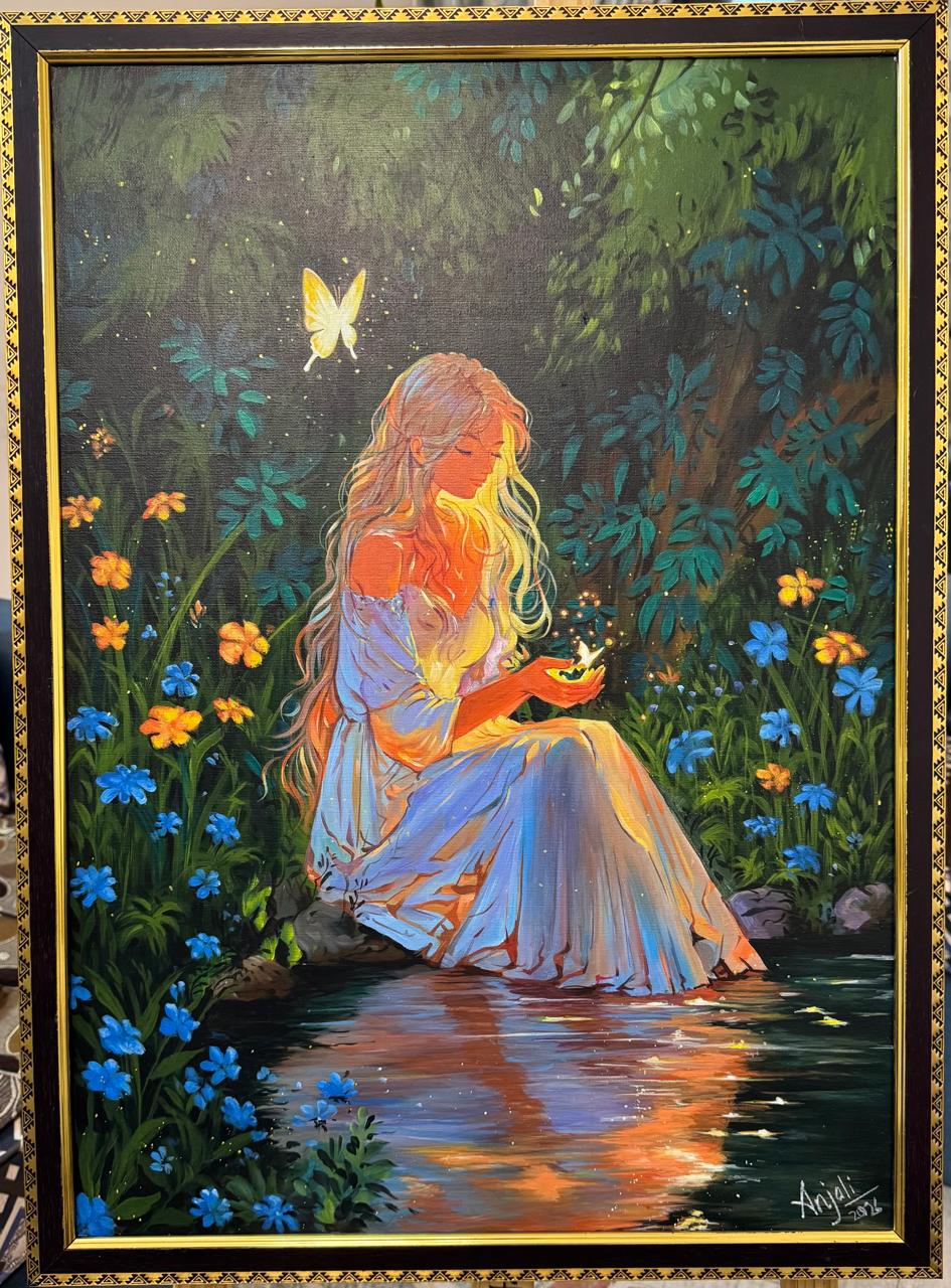 Where Dreams Bloom by Anjali Priyaa, a young woman with long blonde hair in a white gown by water