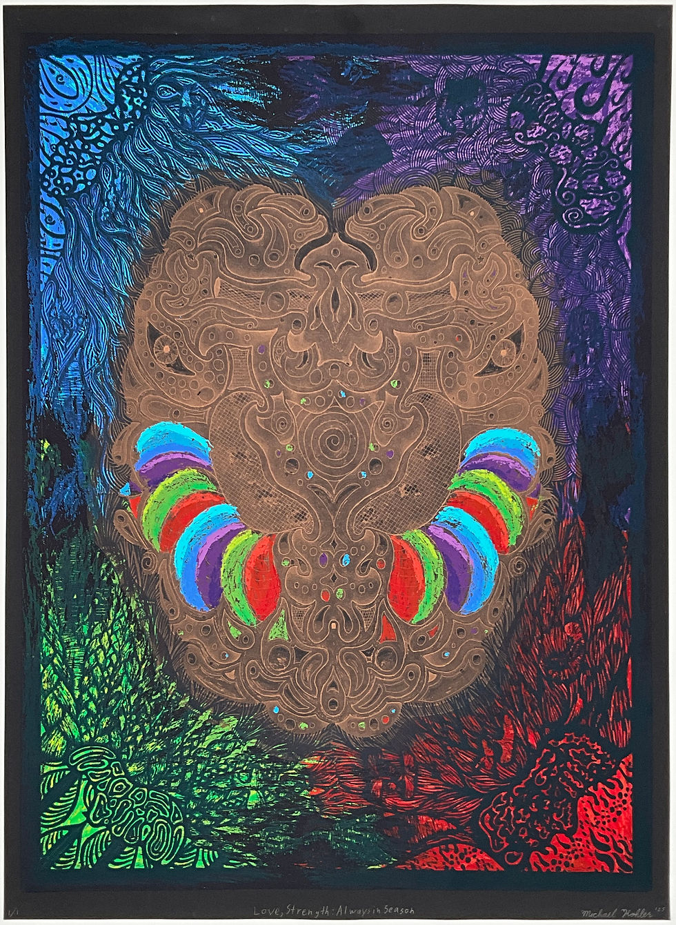 Caption Of Artwork: Michael Kohler, "Love, Strength: Always in Season", 2025, etching, screenprint, woodcut on paper, 21.5x29.5