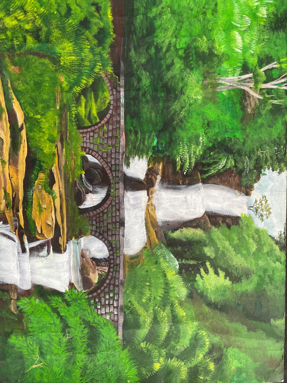 Through the Emerald Veil by Apoorva Wijethunga, a scenic landscape with a waterfall and lush greenery