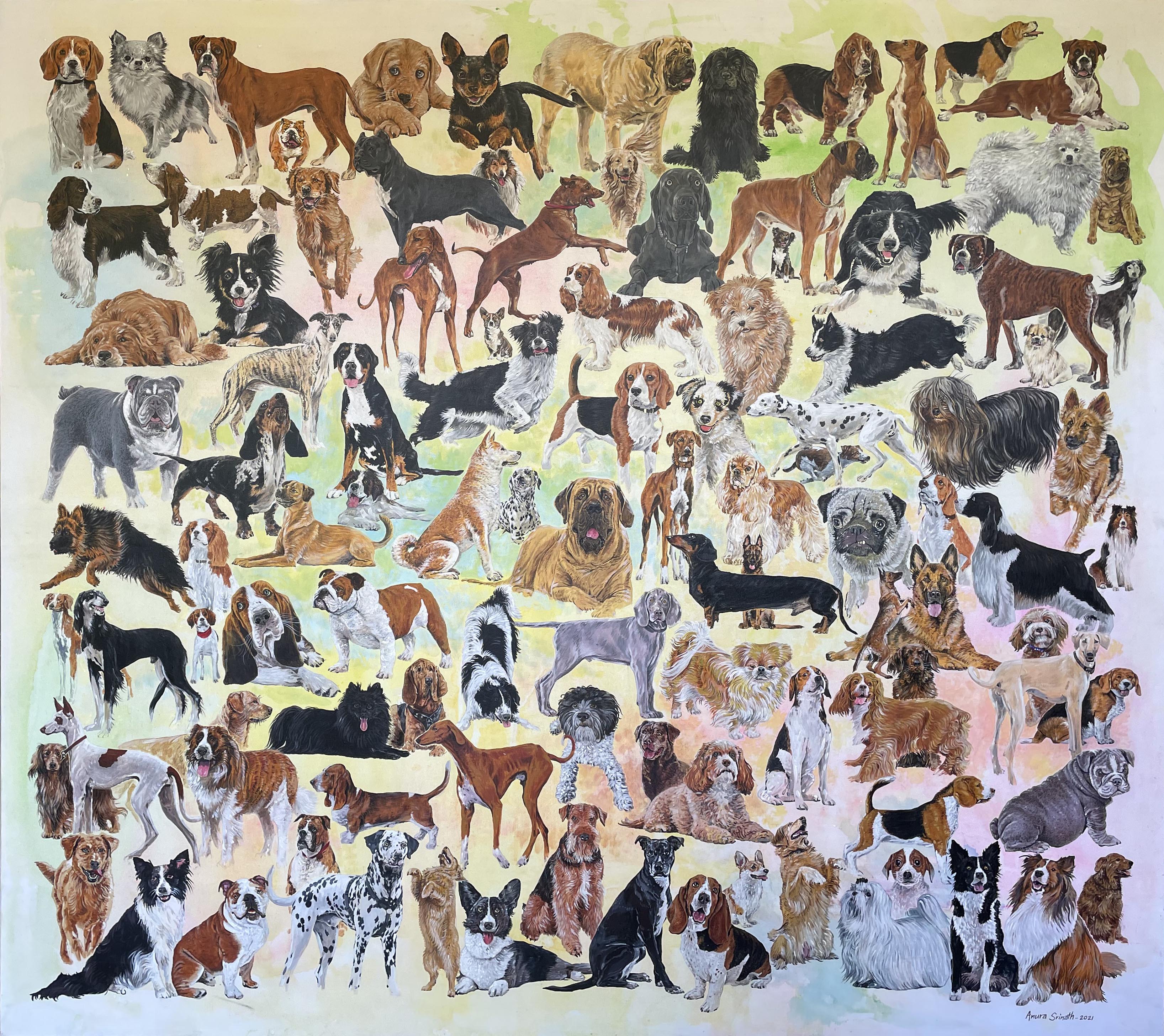 Happy dogs by Anura Srinath Malaviarachchi, a vibrant collection of 105 dogs in various breeds and colors