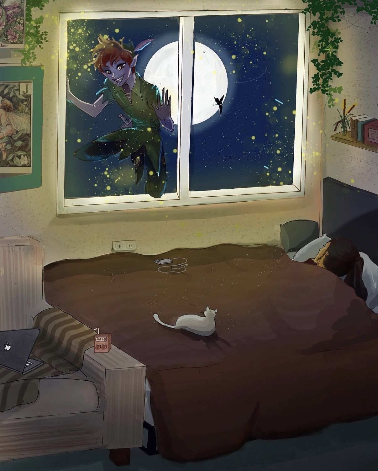 Peterpan in your dreams by Sayumi Amarasinghe, a nighttime bedroom scene with Peter Pan flying by moonlight