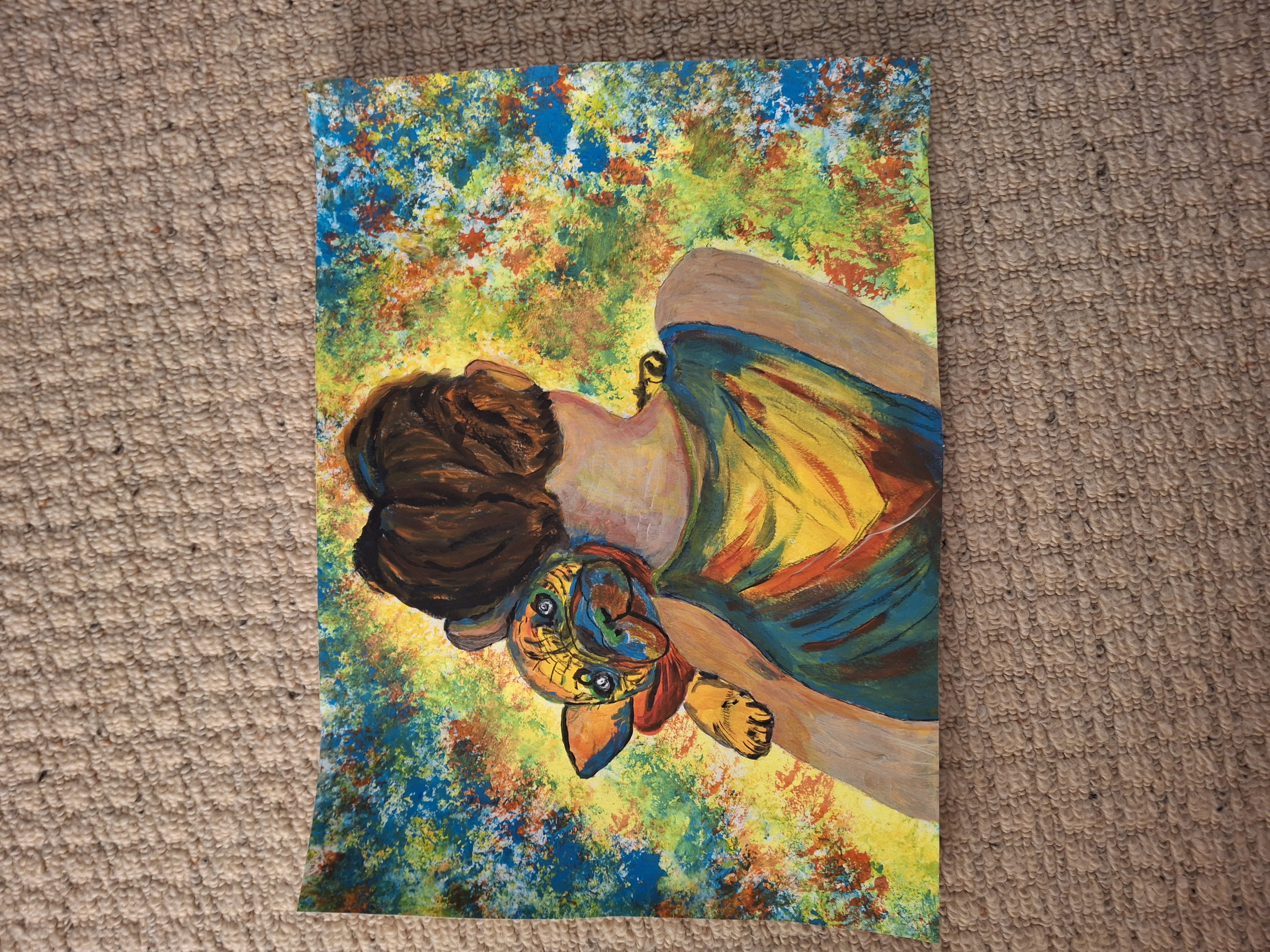 My best friend and dolphins in moonlight by Tracy Sixsmith, vibrant scene with figure, dog, and dolphins under moonlight