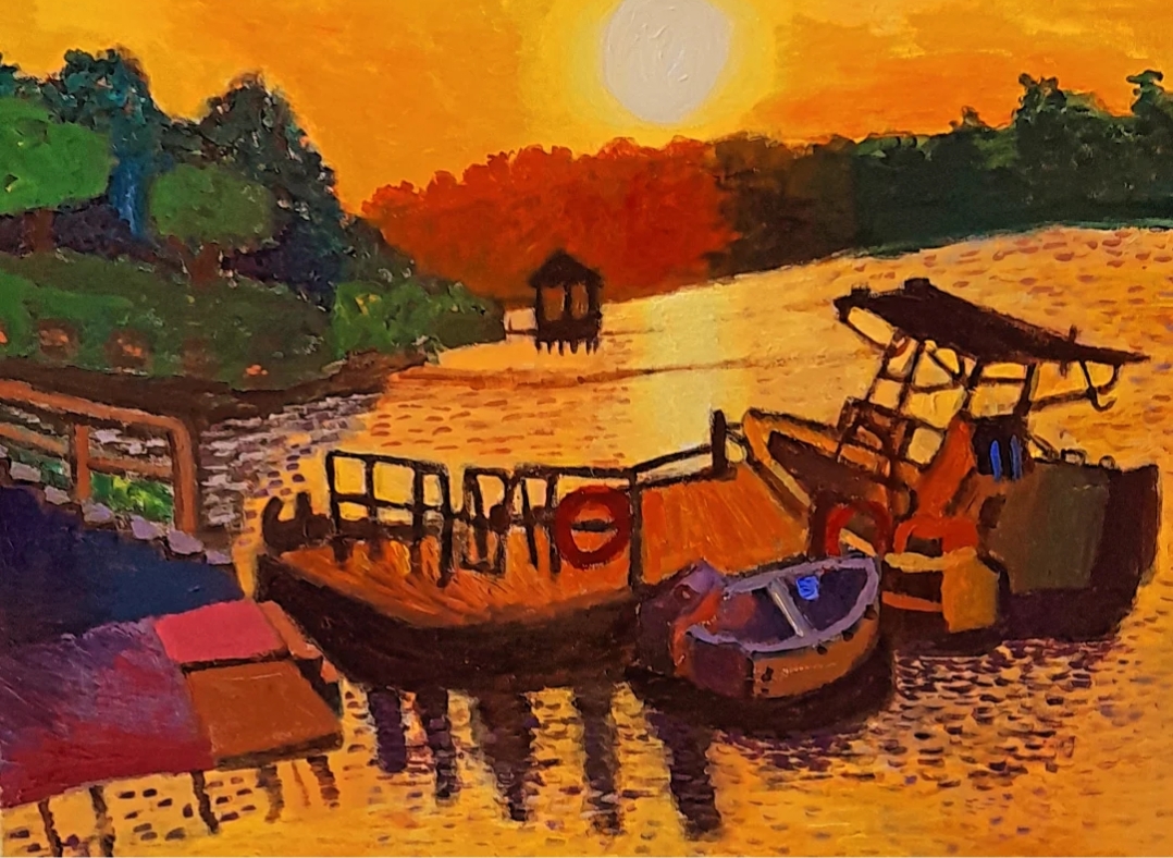 Singapore Macritchie Reservoir by Han Meizhen, Sabrina - boats docked at pier with colorful sunset