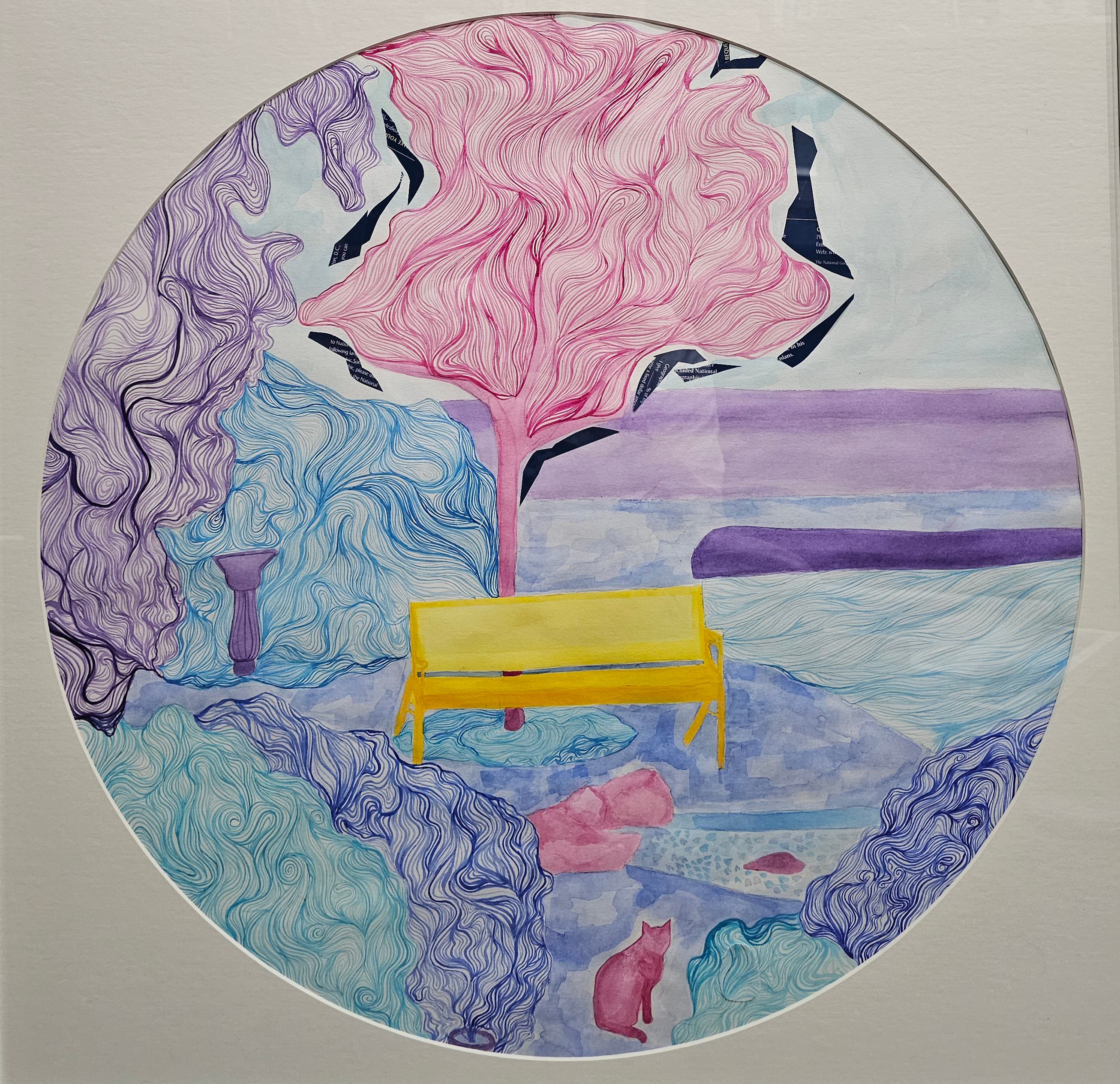 Portals #2 by Wil Unser, circular vibrant composition with yellow bench