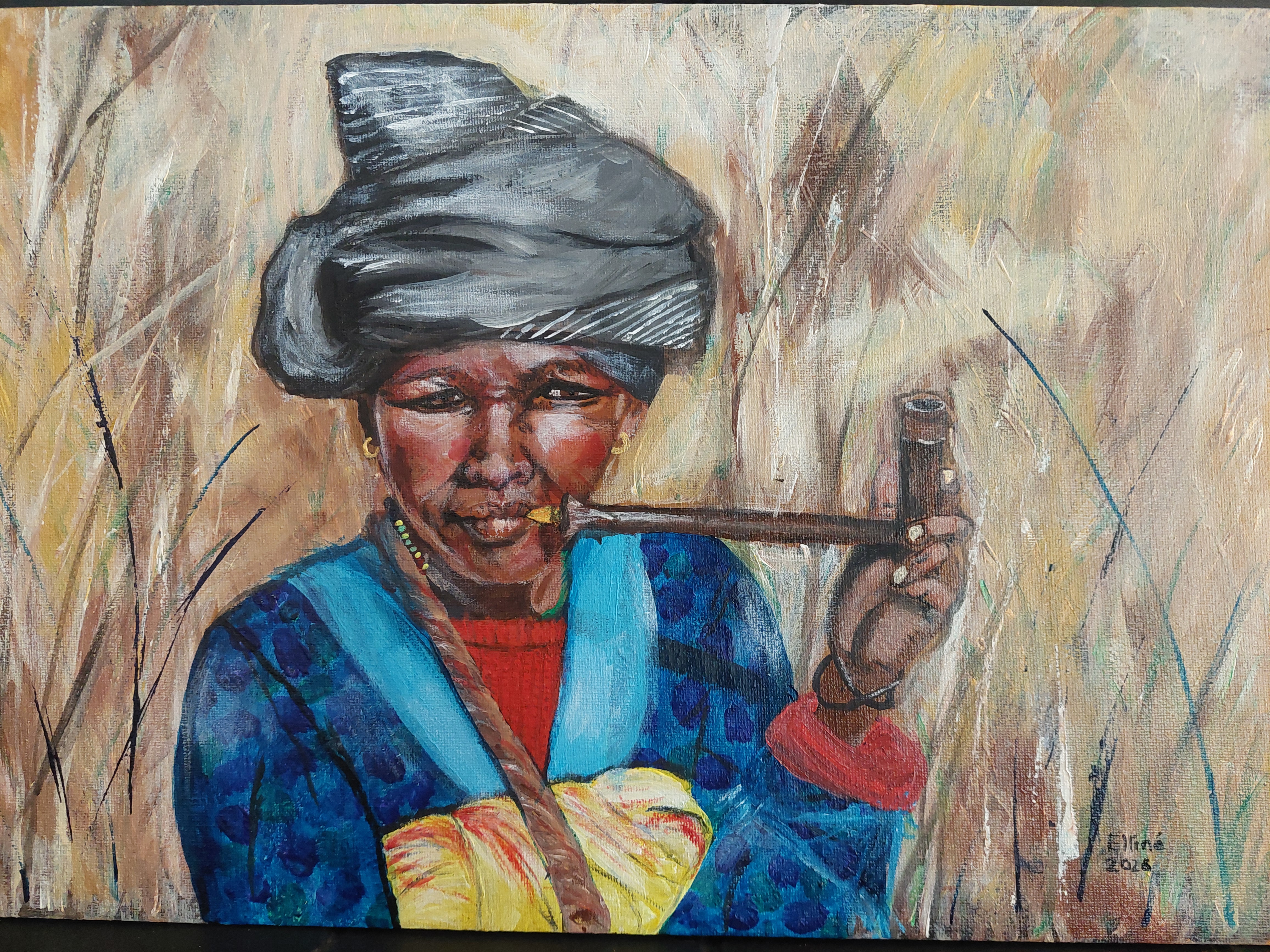 Lady with the Inqawa by Elline Cockburn, depicting a woman smoking a long pipe