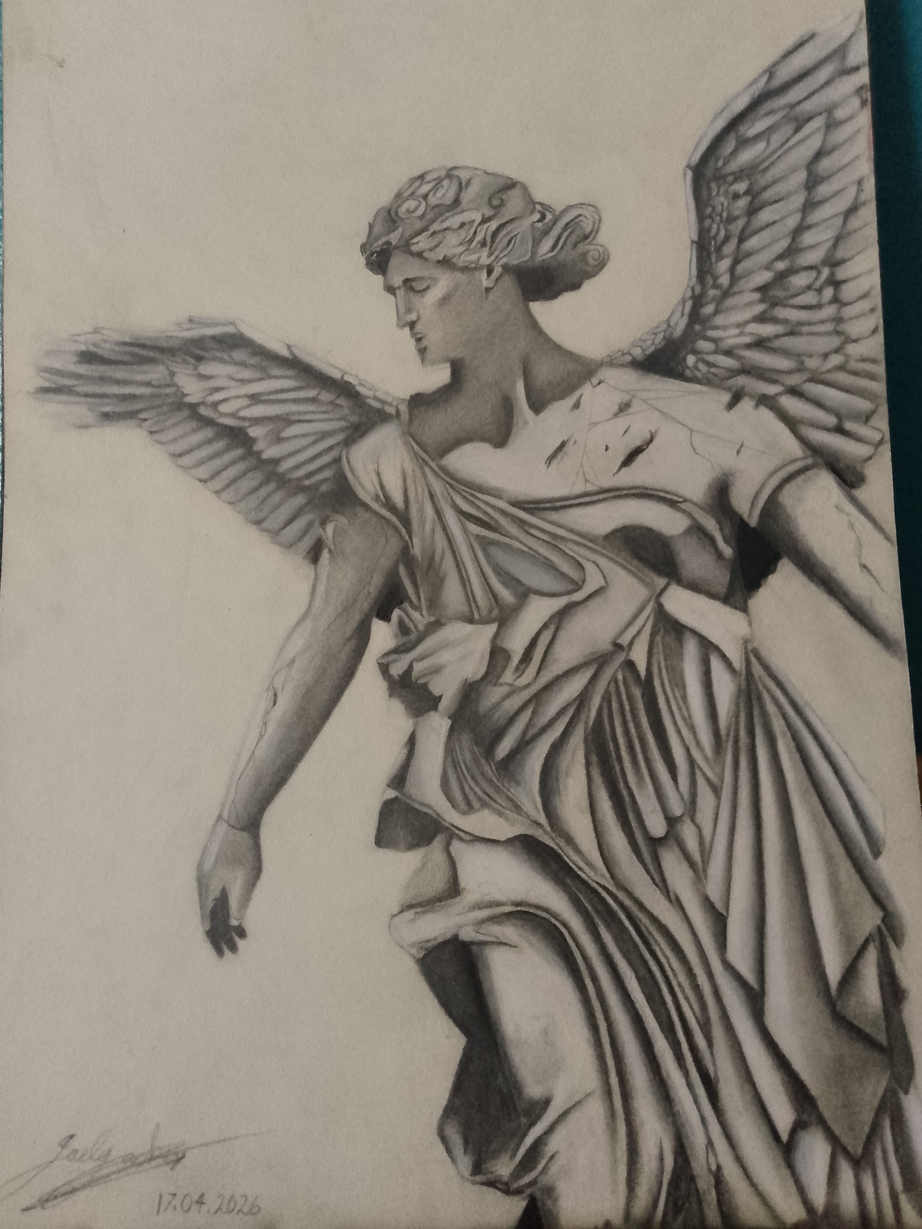 Statue of the angelic lady by Joel Jackson, classical winged statue drawing