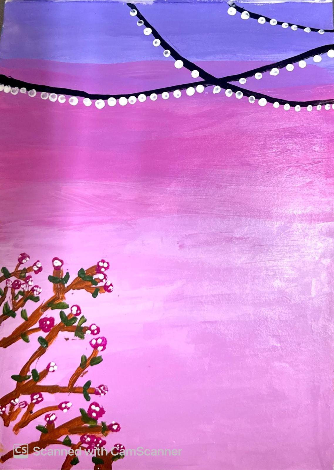 ACRYLIC PAINTING by KAAVYA KARMAKAR, featuring gradient pink to lavender with white dots on a curved line