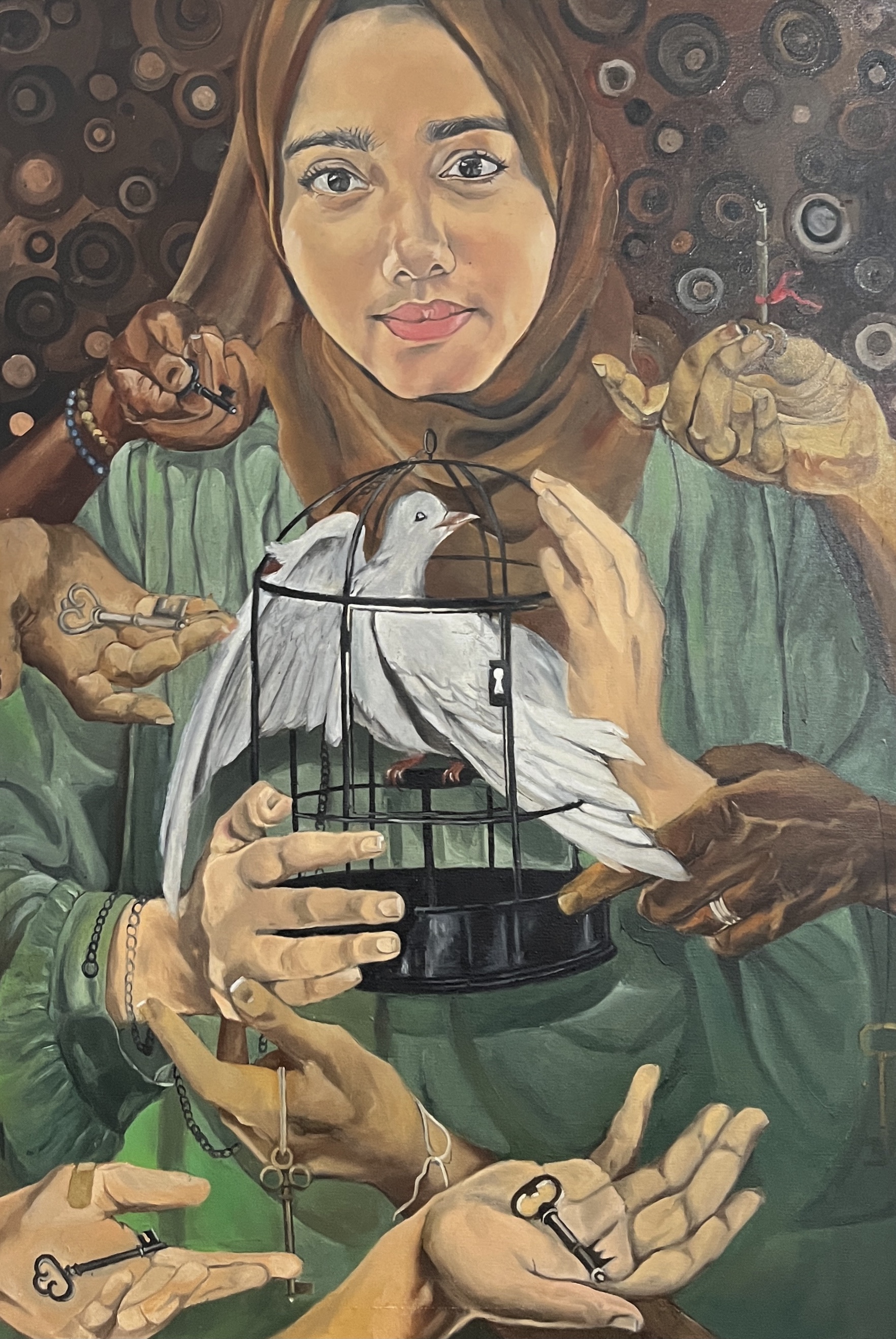 Emotion by G. F. Ifra doole, woman in green garment with birdcage and doves