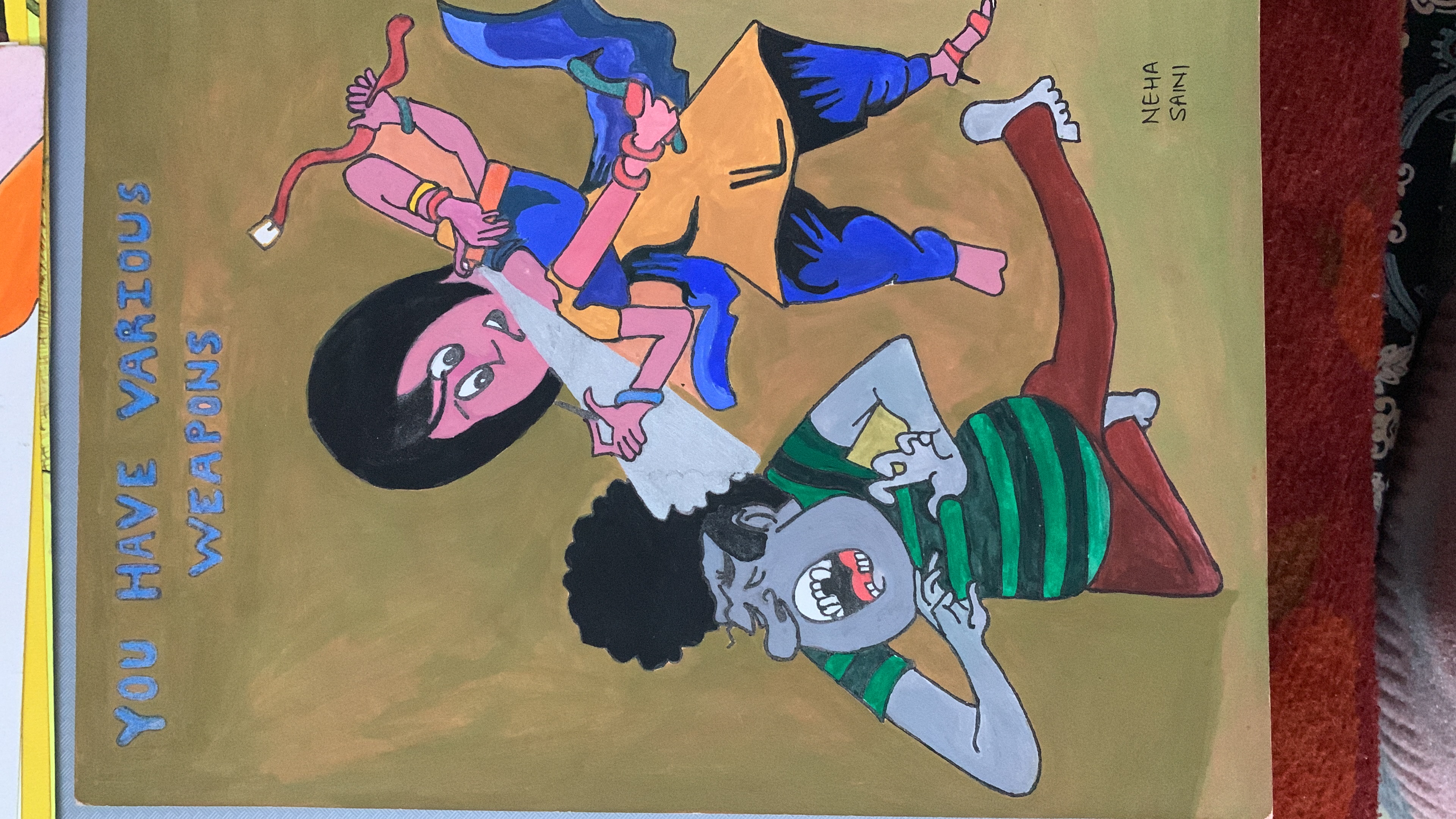 You have various weapons by Neha Saini, a dynamic scene with figures and muted background