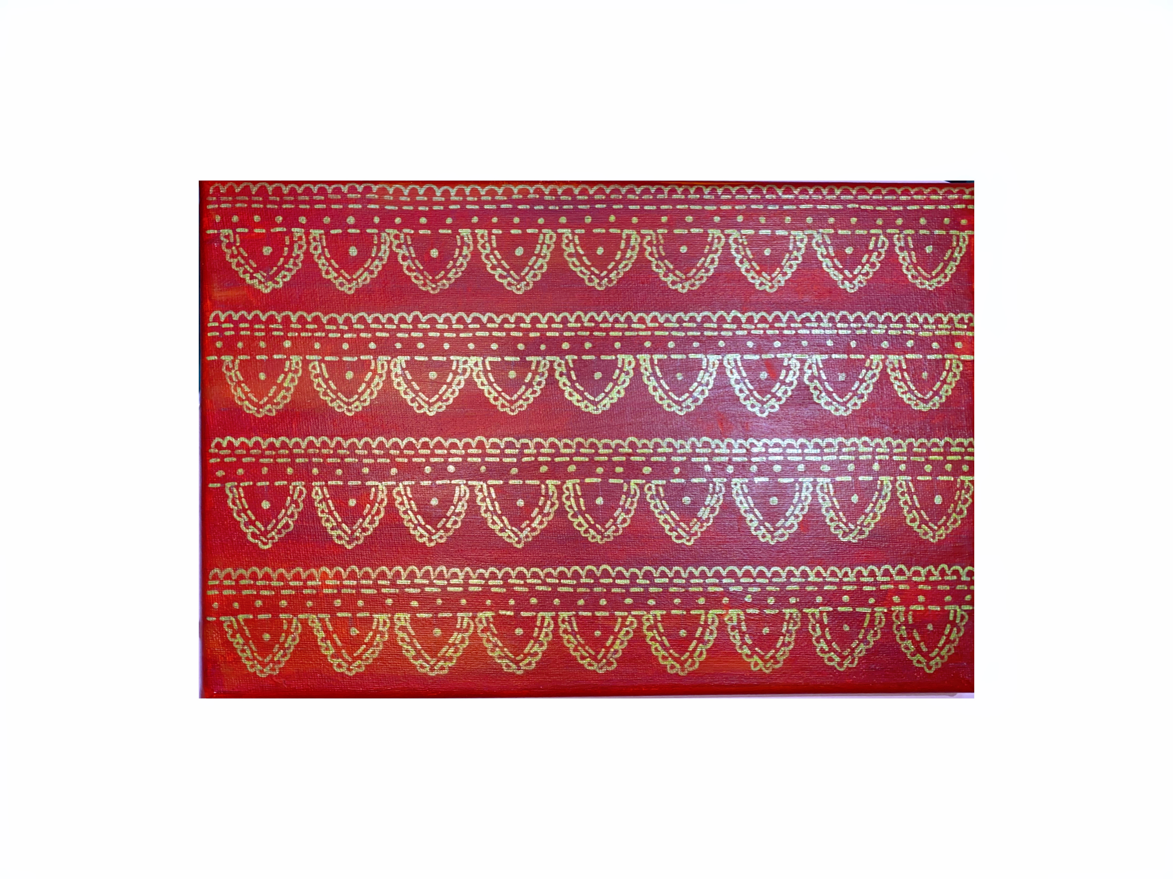 The Lines: Horizontal Mandala by Sara, deep red and gold, intricate patterns