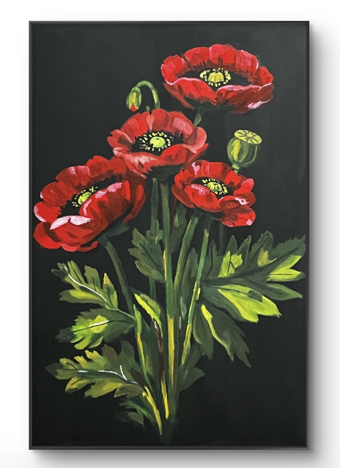 Red Anemone Flowers by Yasmine Malki, vivid red flowers on black background