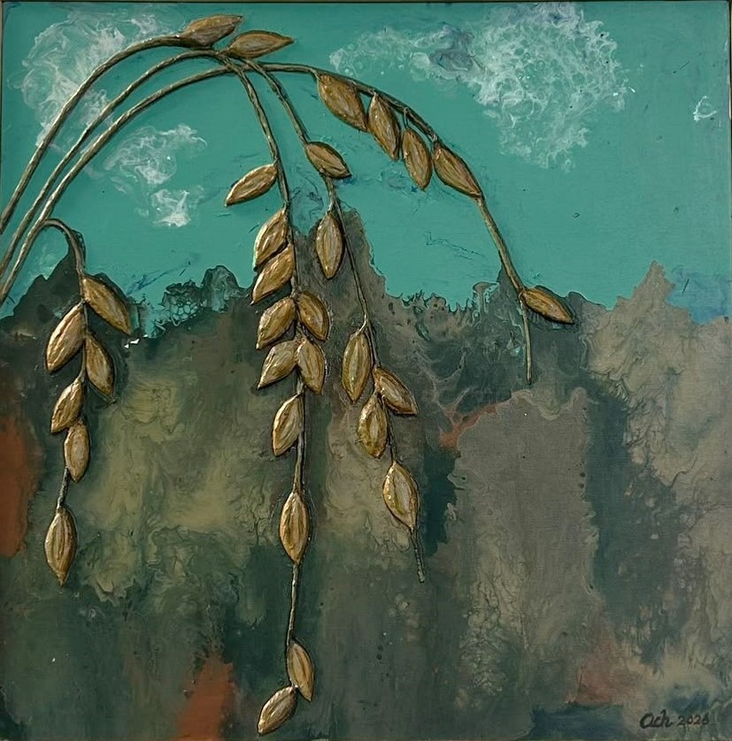 Last harvest by V A Achini Indika, depicting golden stalks of grain against an abstract background