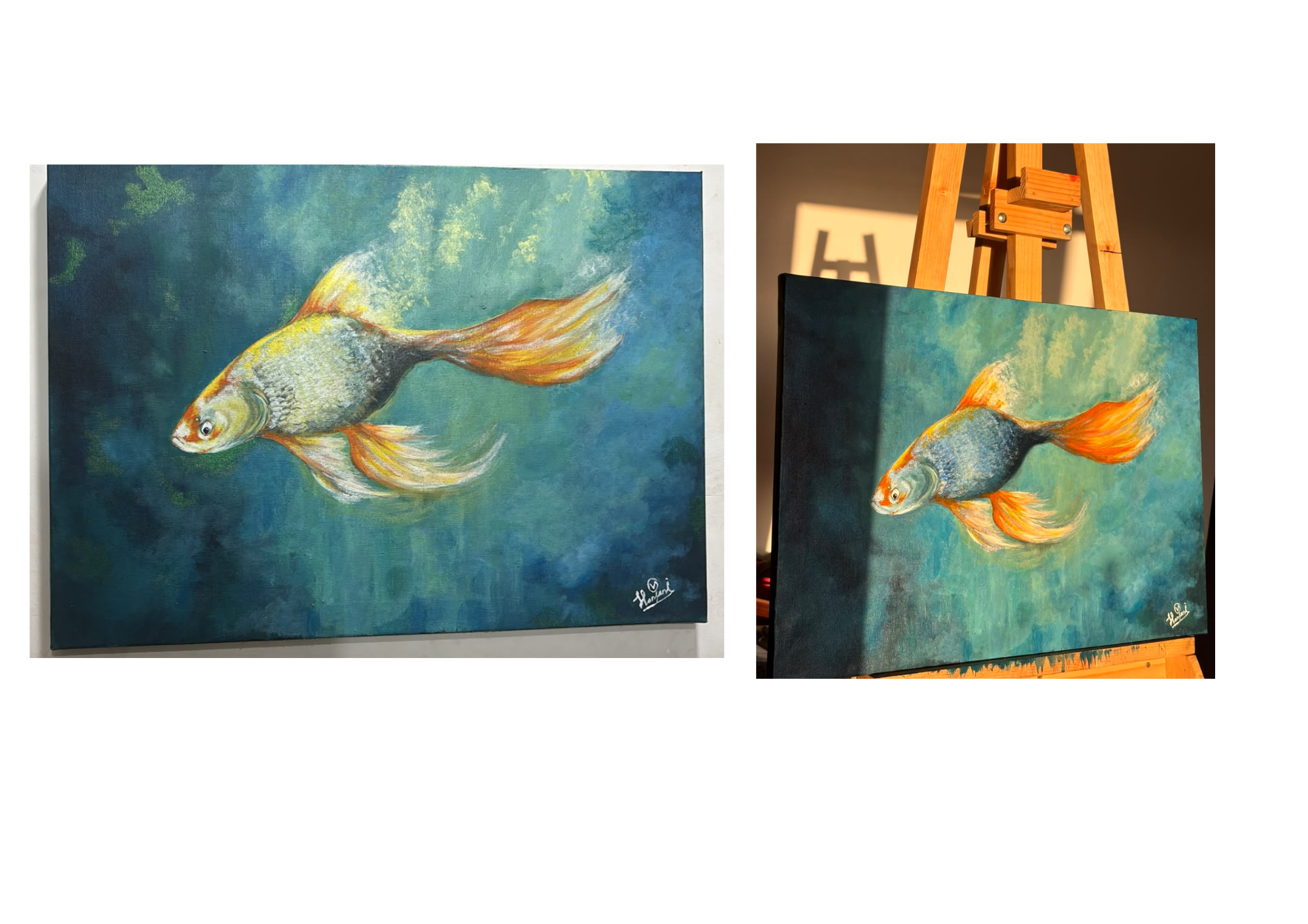 where silence flows by Vinomi Perera, a detailed fish against a blue and green background