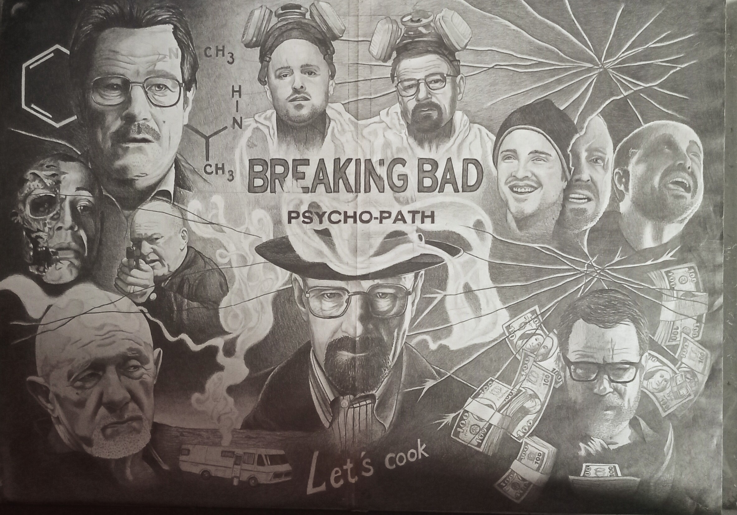 Custom artwork by Steven, featuring graphite sketches and text elements
