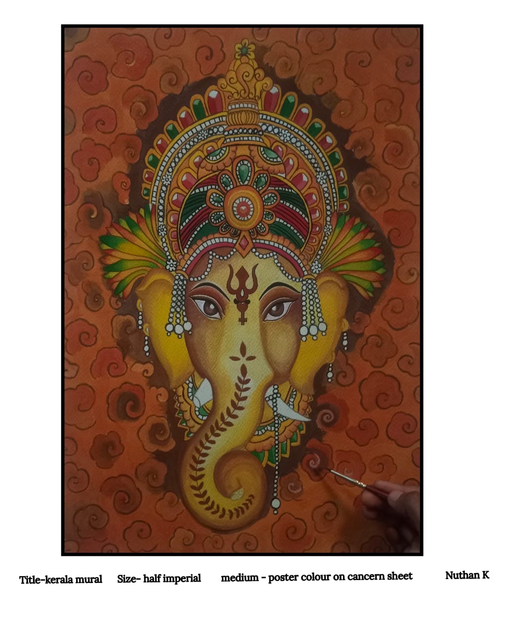 Kerala mural by Nuthan K, vibrant depiction of Lord Ganesha with intricate headdress