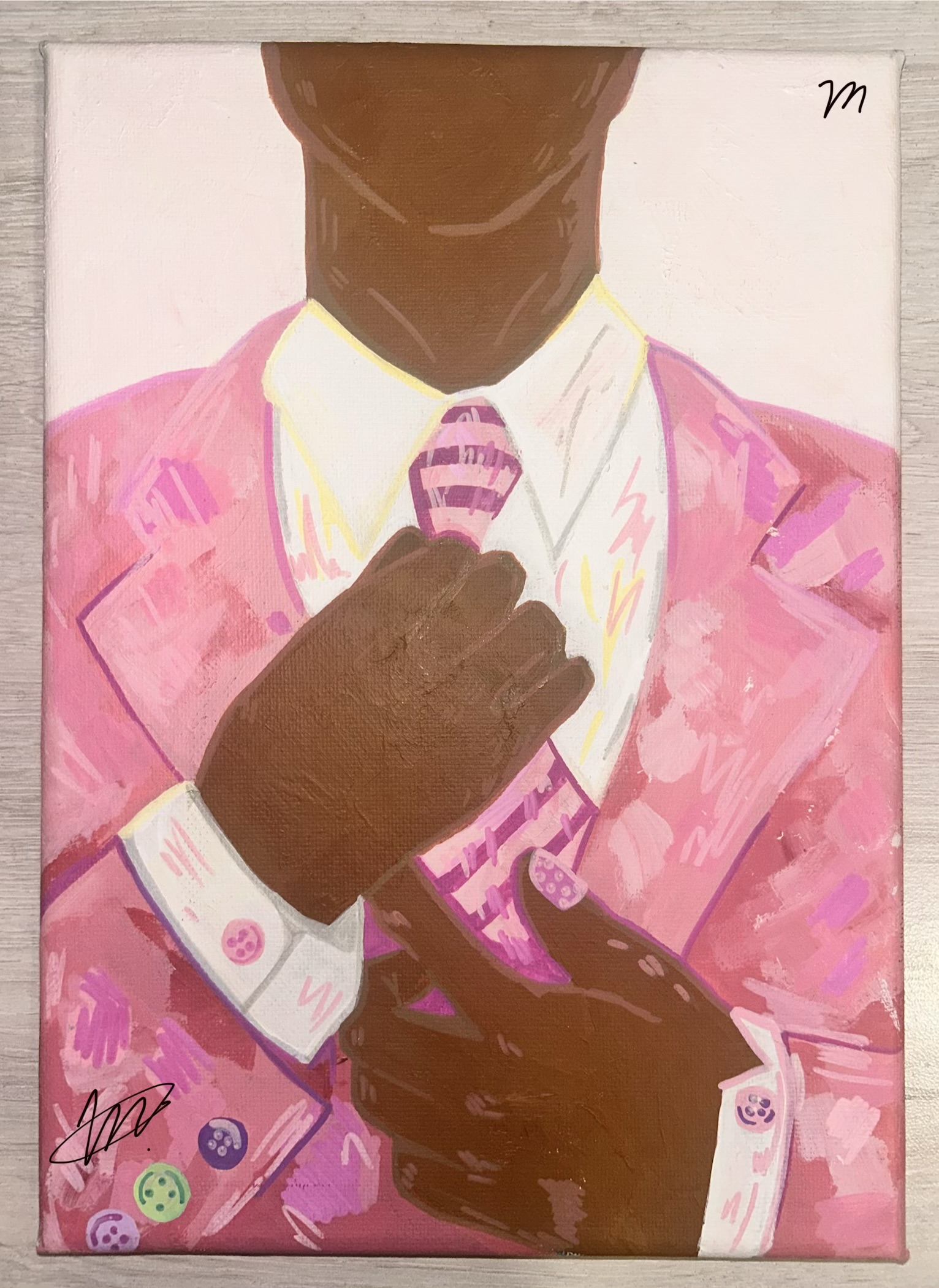 Be A Man by Victoria Maponga, featuring a vibrant pink suit and patterned tie