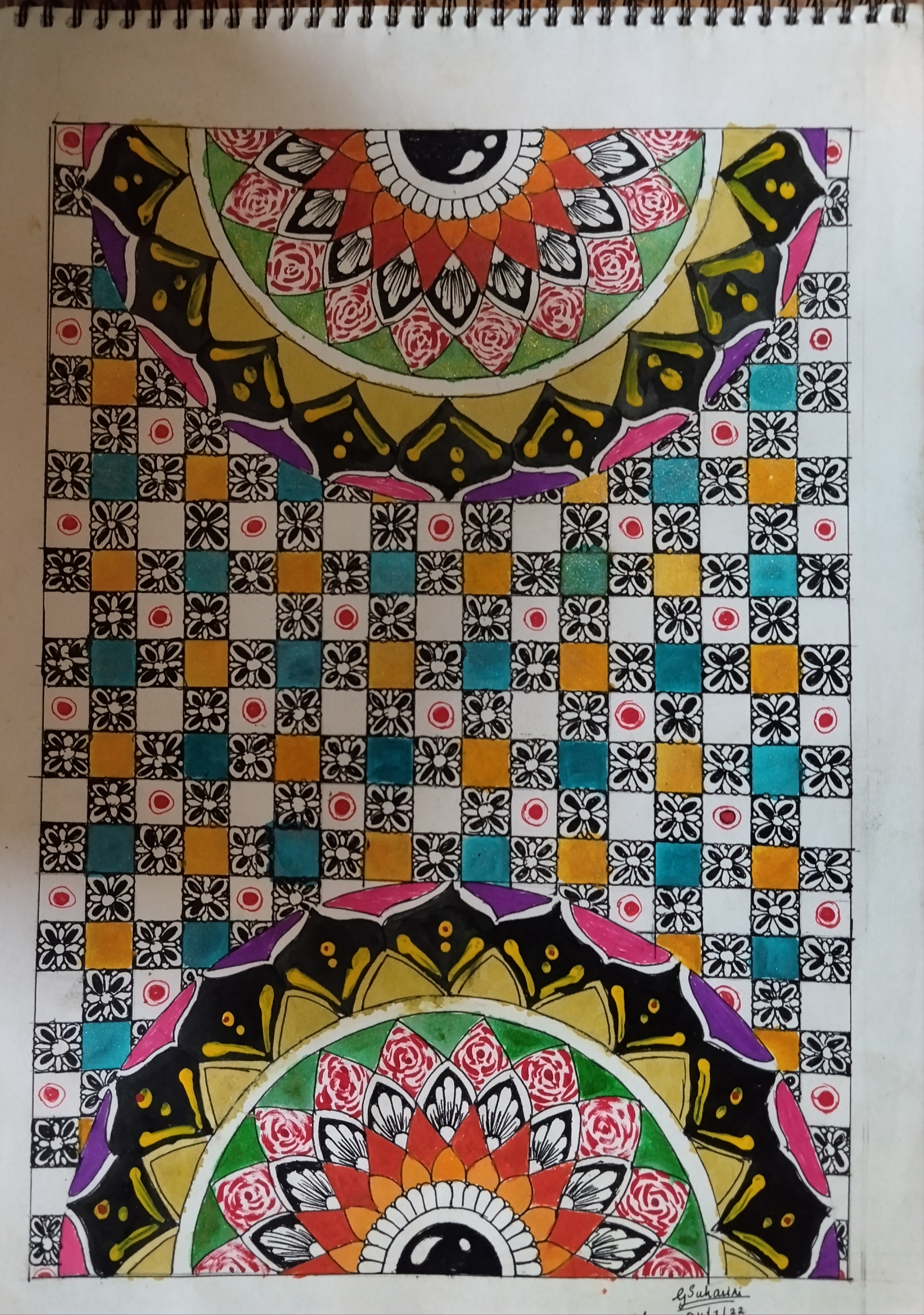 Mandala by Suhasini.G, featuring symmetrical intricate designs in vibrant colors