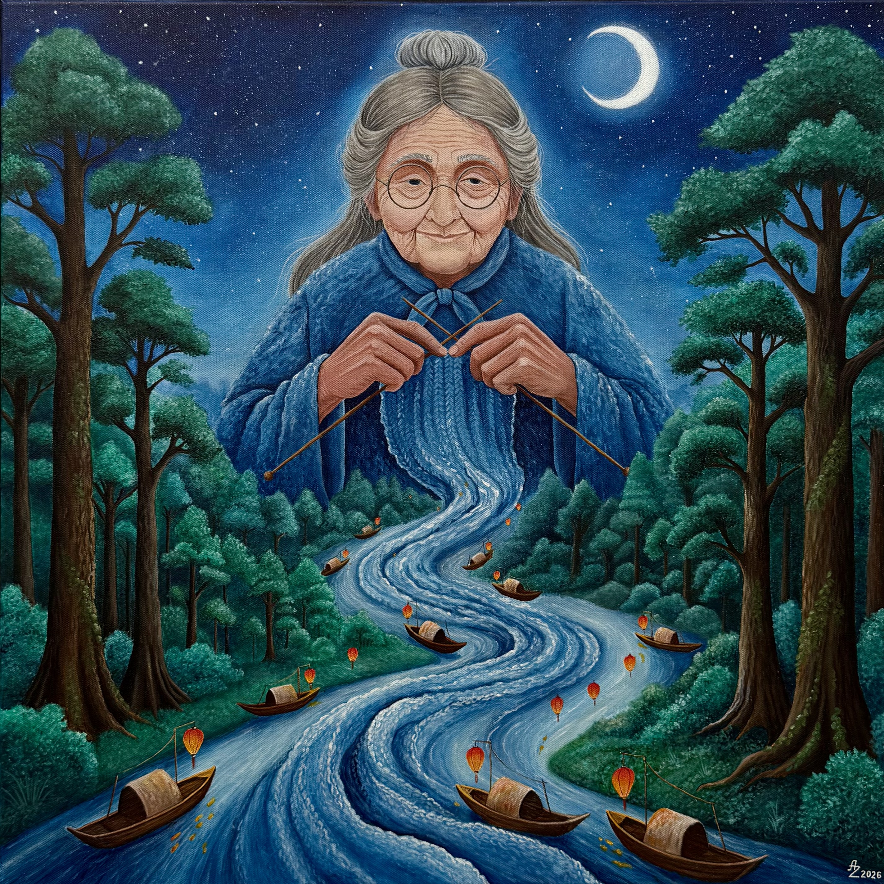 The River of Life by Anastasiia Zaostrovskaia, depicting an elderly woman knitting a river through a forest