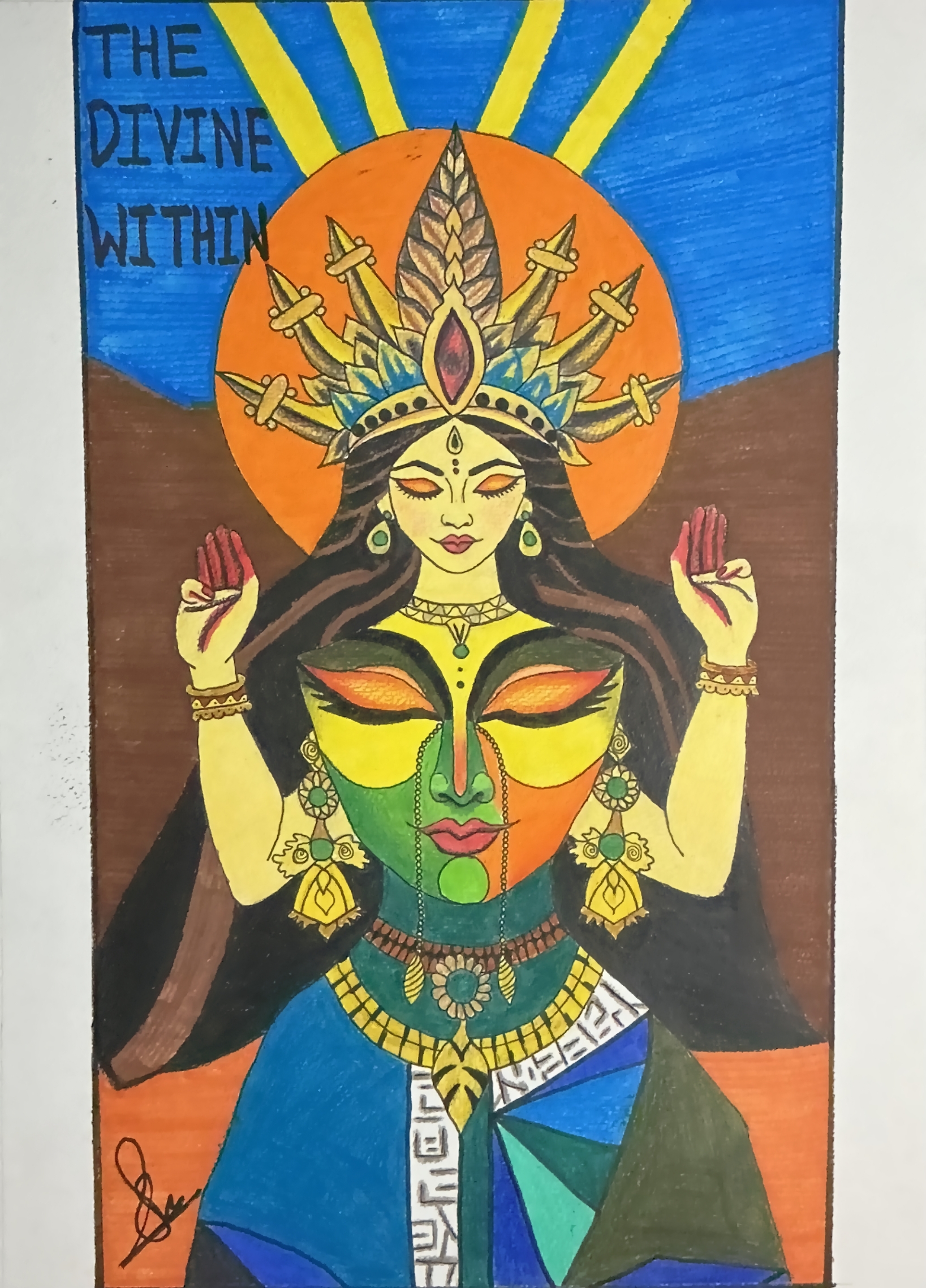 Colored pencil drawing by Saishriya Satapathy featuring a vibrant divine figure