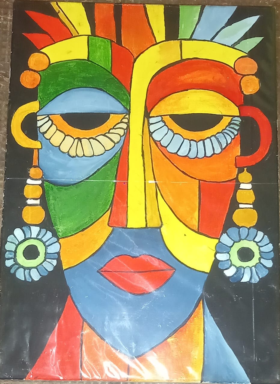 Watercolor by Pathum Nimesh featuring a vibrant abstract face with geometric shapes