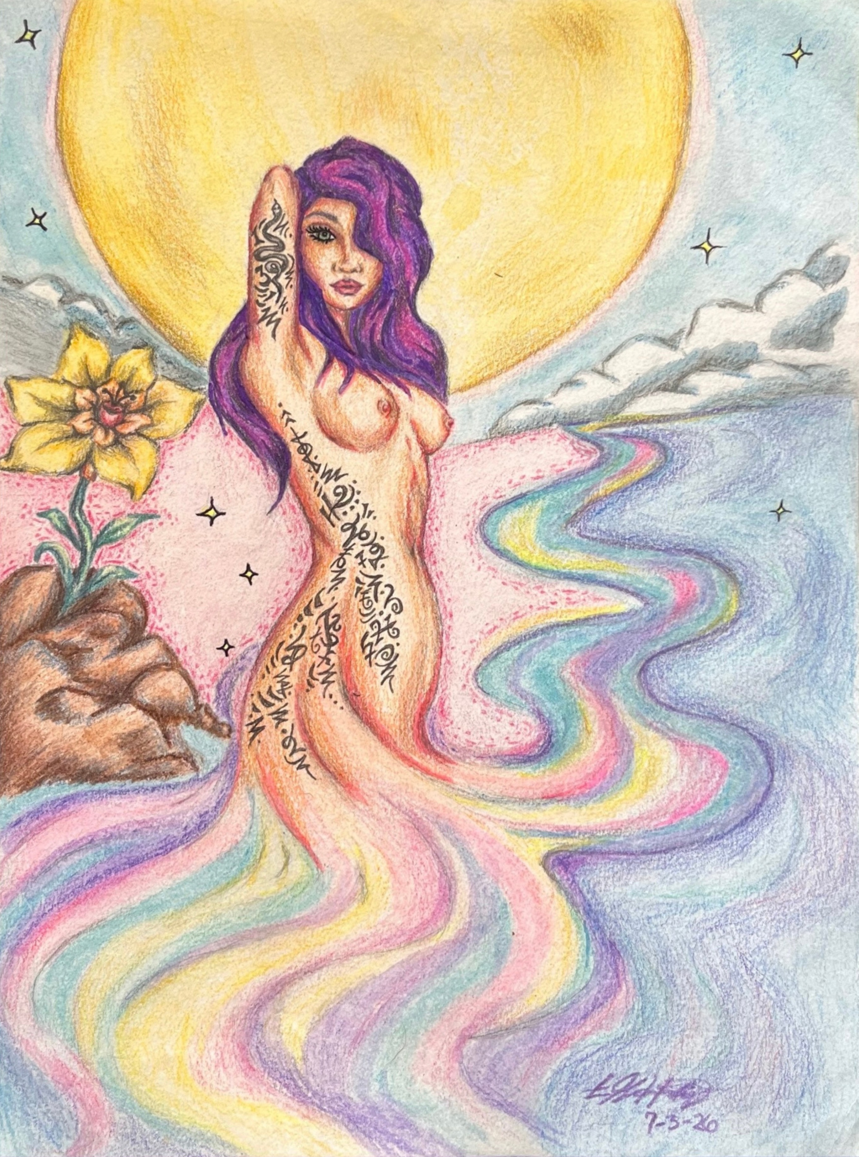 She Became the River by E. Grace Huntington, features a vibrant female form merging with a river