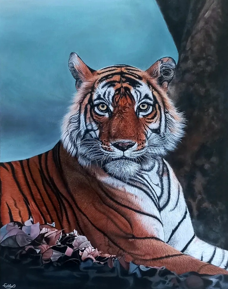 The Watchful King by Eshita Roy Chowdhury, majestic tiger resting against a tree