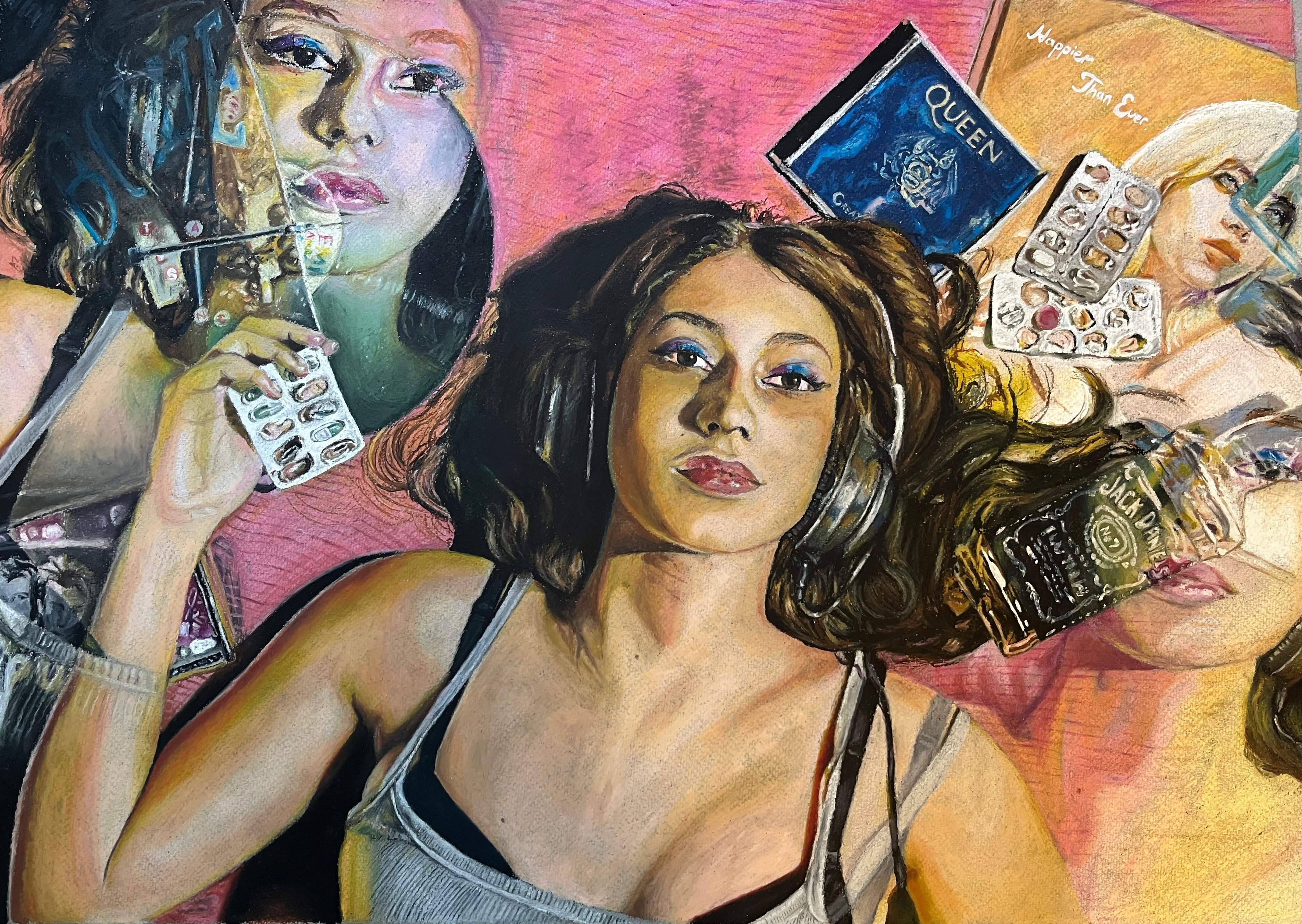 Wake me up, lost in my obsessions by Madison Govender, featuring a calm woman with headphones on a pink background