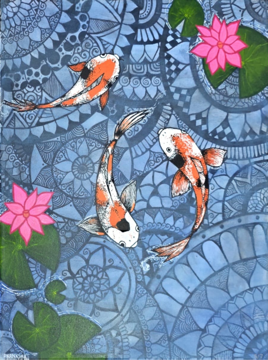 Restless Koi in the Flow of Balance by Akanksha Mahapatra - vibrant koi amidst blue patterns