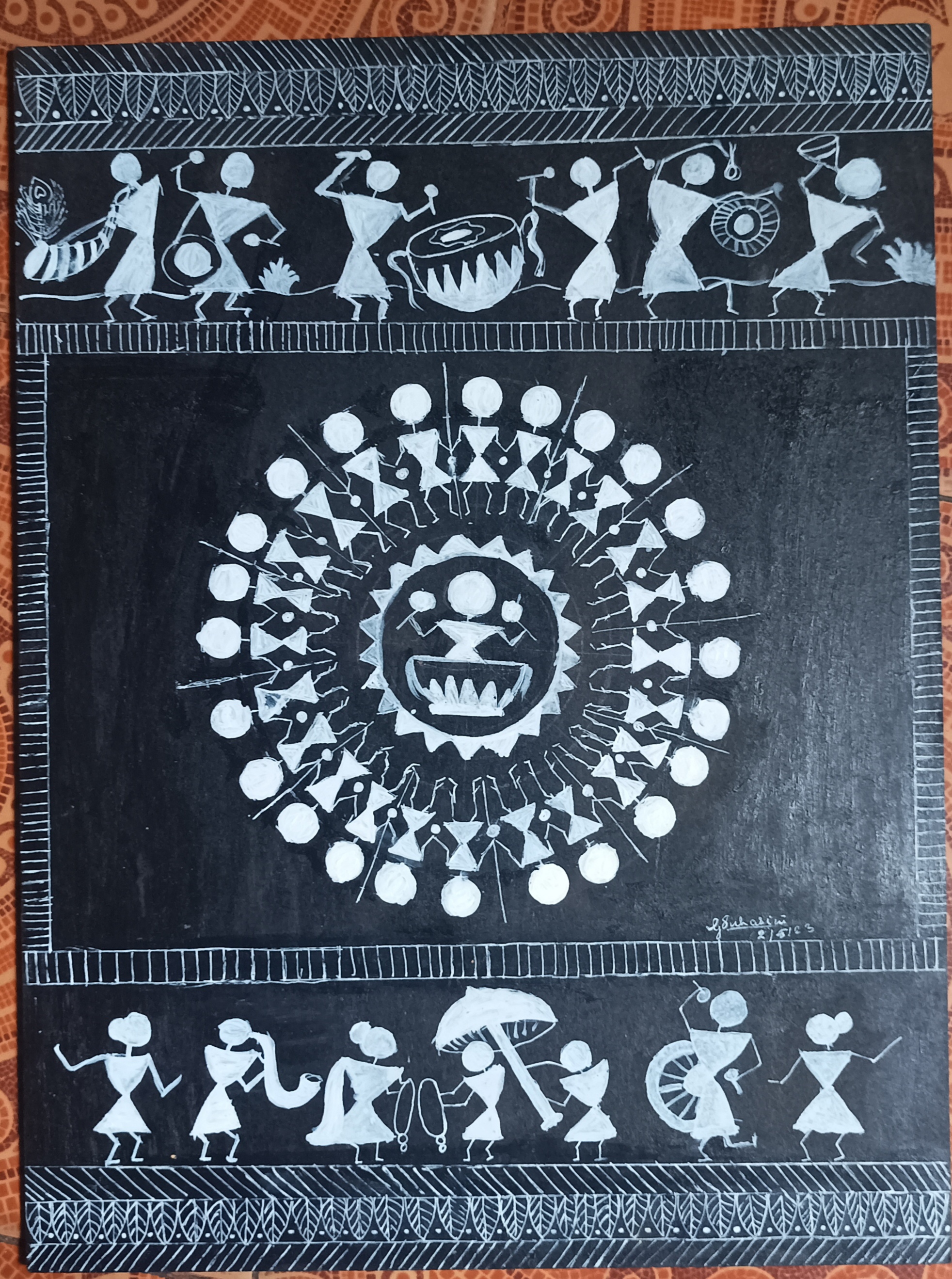 Warli art by Suhasini.G, circular composition with dancing figures