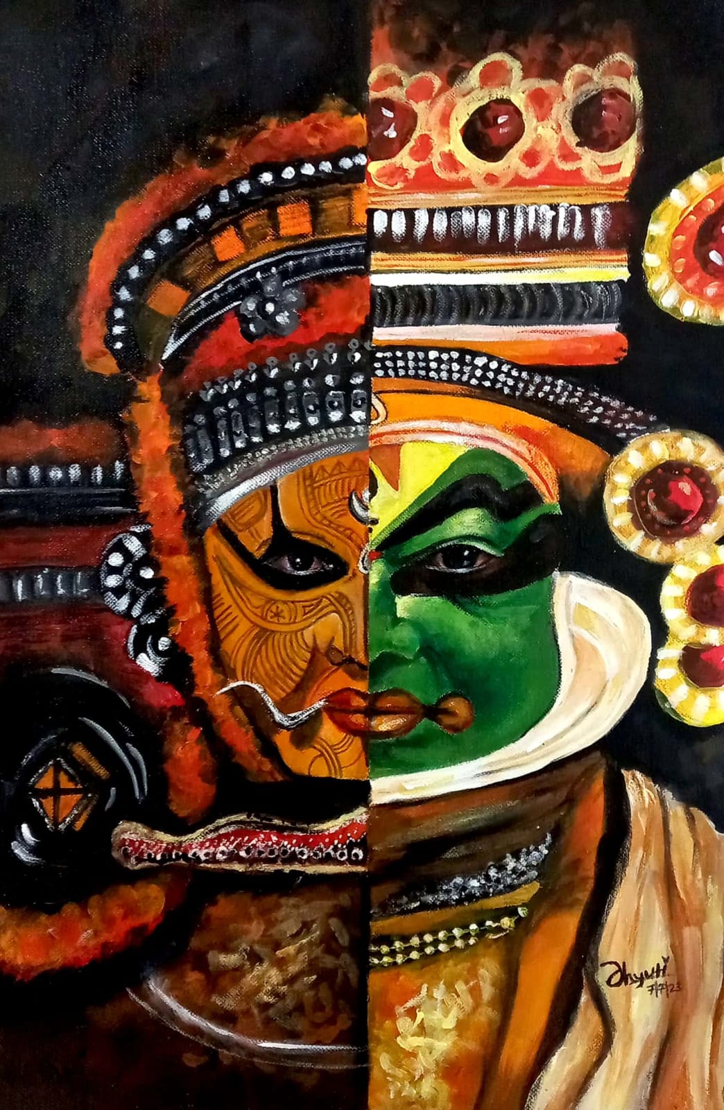 Colours of India by Dhyuti Vijay - split-face portrait featuring Theyyam and Kathakali