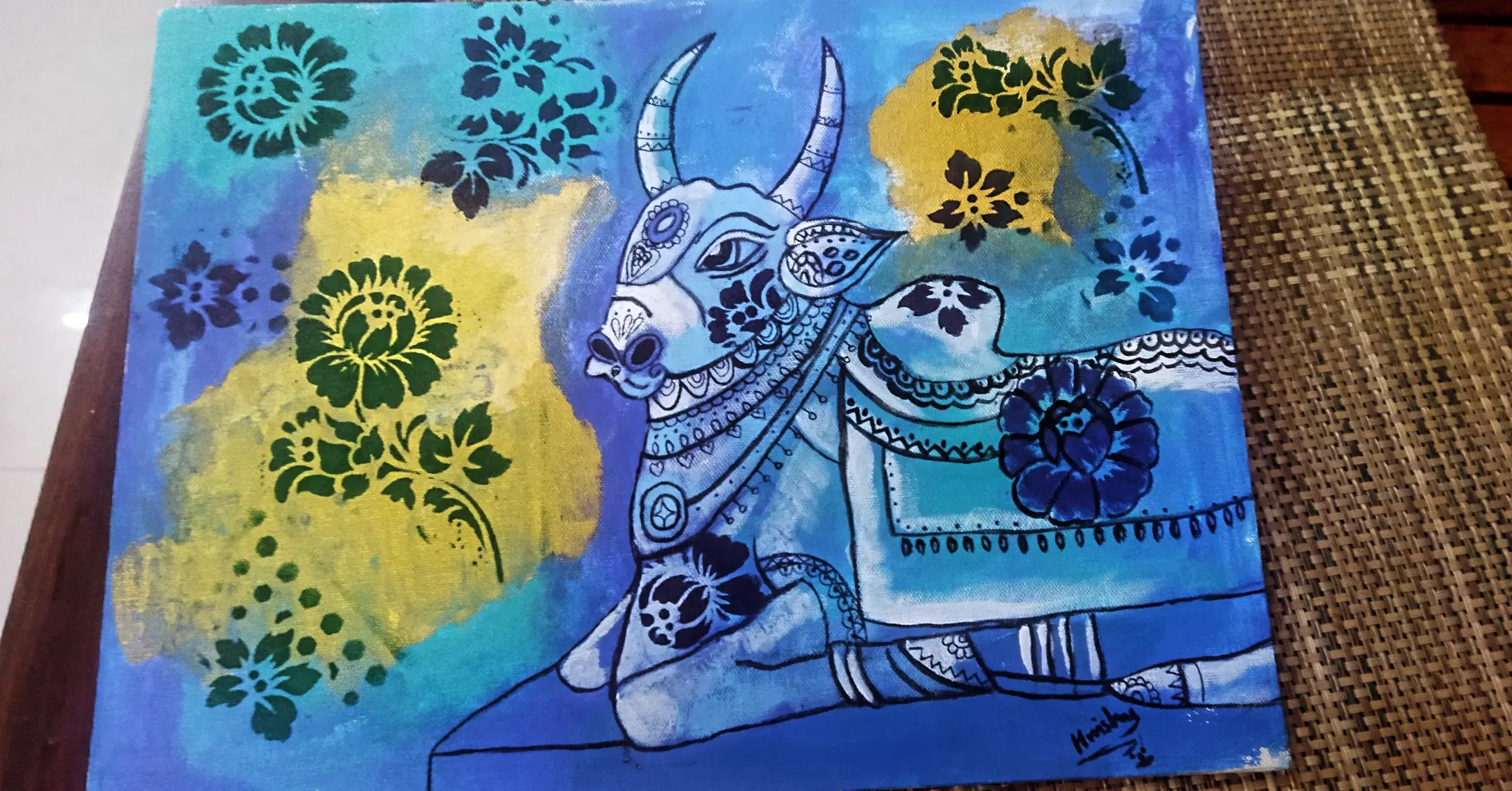 The Nandi painting by Hrrishu Bhatt, featuring a stylized sacred bull adorned with floral patterns