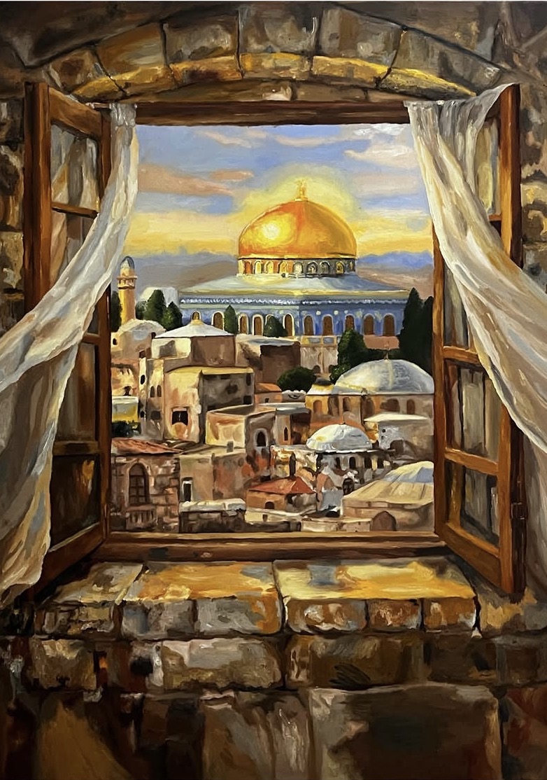 A Window View to Jerusalem by Yasmine Malki - oil painting of Jerusalem through a window