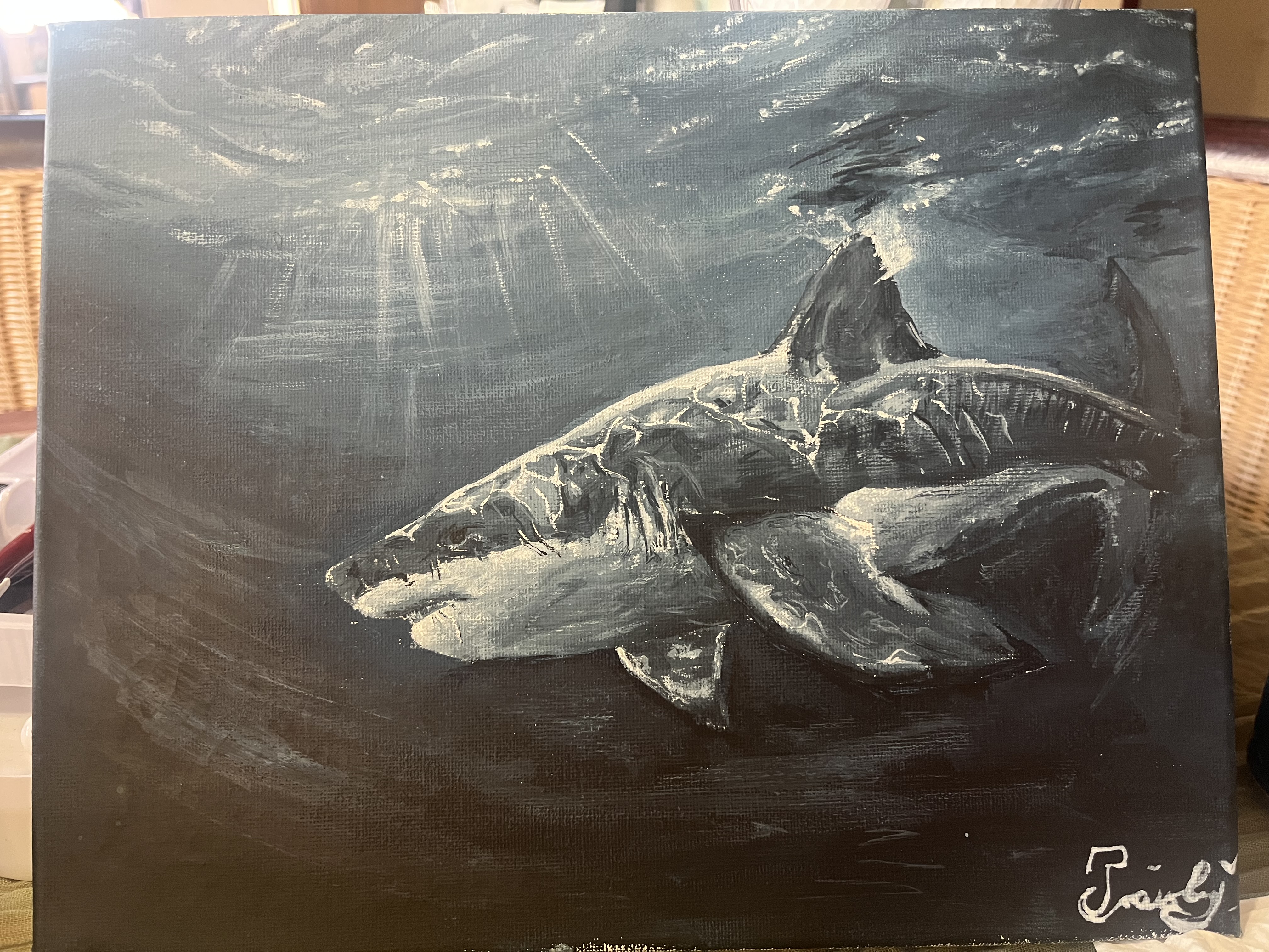Great White by Jazlyn Crowley, depicts a large shark underwater
