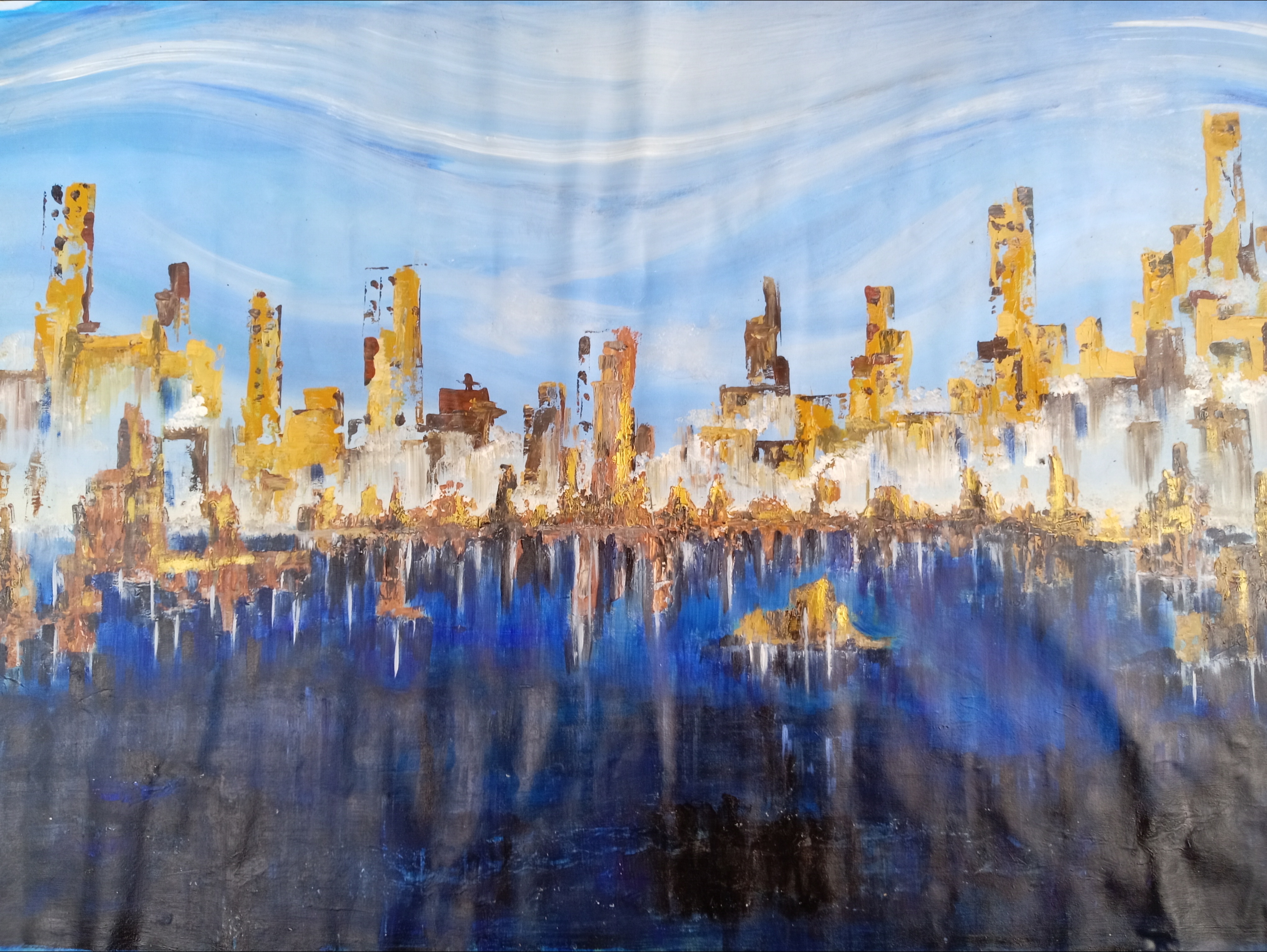 our world in 2075 by Vikum Sooriyaarachchi, a futuristic cityscape painting with abstract skyscrapers
