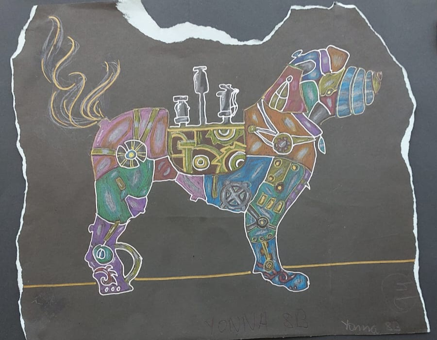 Mechanical Metamorphosis by Yonna Sharma, depicting a hybrid creature of vibrant mechanical components