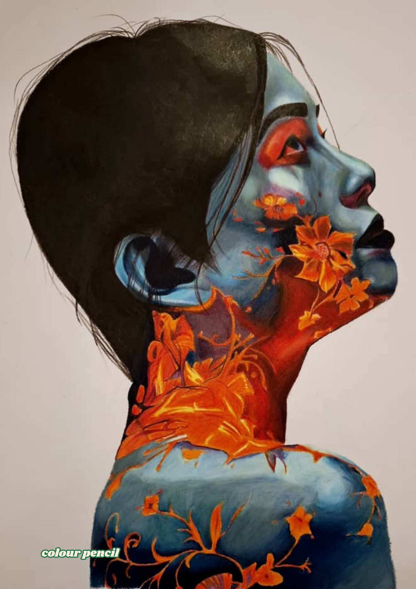 GLOW by Navya Sahu, portrait in blue tones with orange floral accents