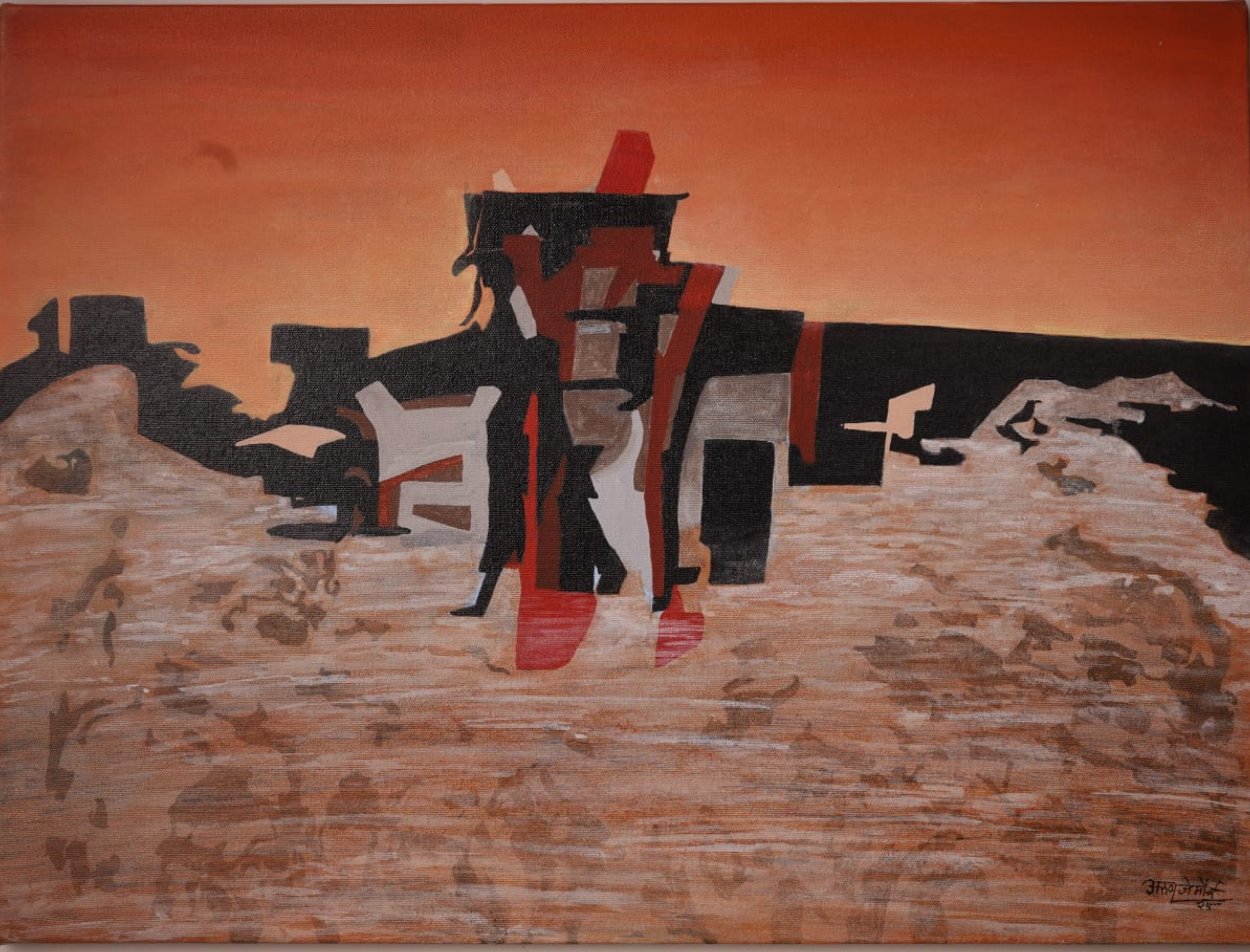 Acrylic on Canvas by Arun Mourya, abstract forms with dramatic orange sky