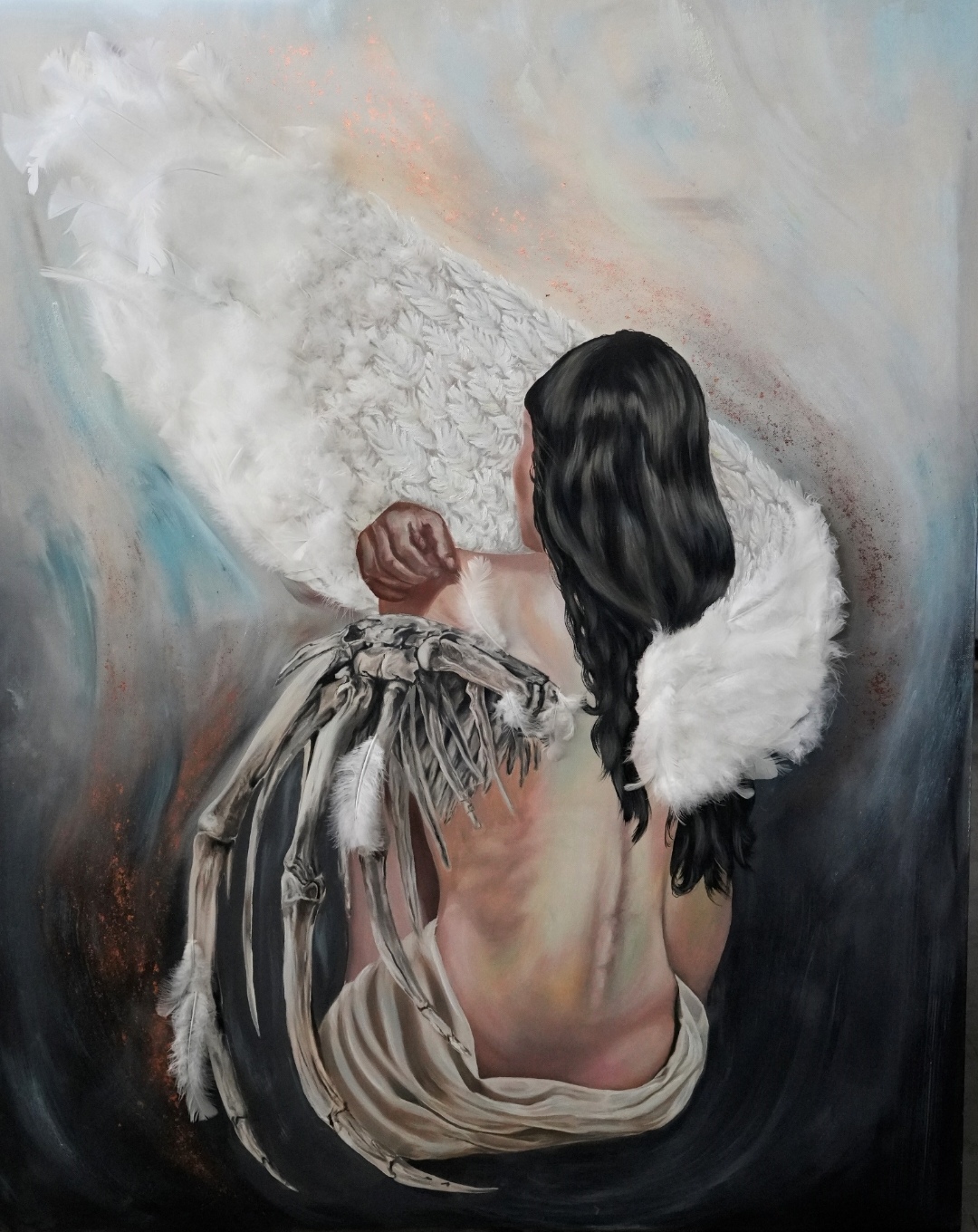 The weight of feathers by Madison Govender, featuring angelic wings and contrasting elements