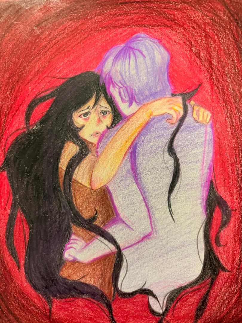 Clinging by Aina - two embracing figures with vivid background