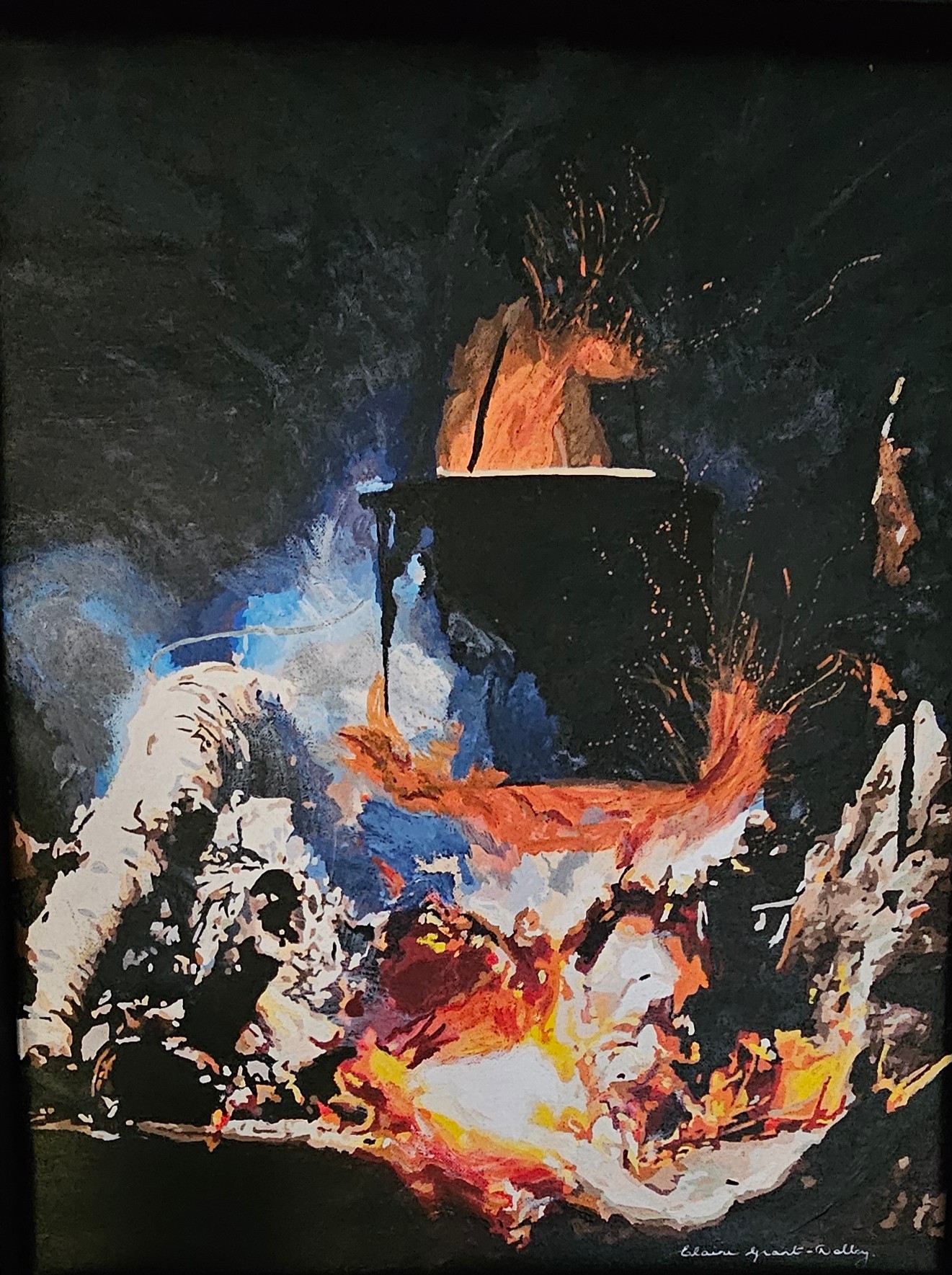 Fiery Scene by Elaine Grant-Dolby, featuring a cauldron above vibrant red, orange, and yellow flames.