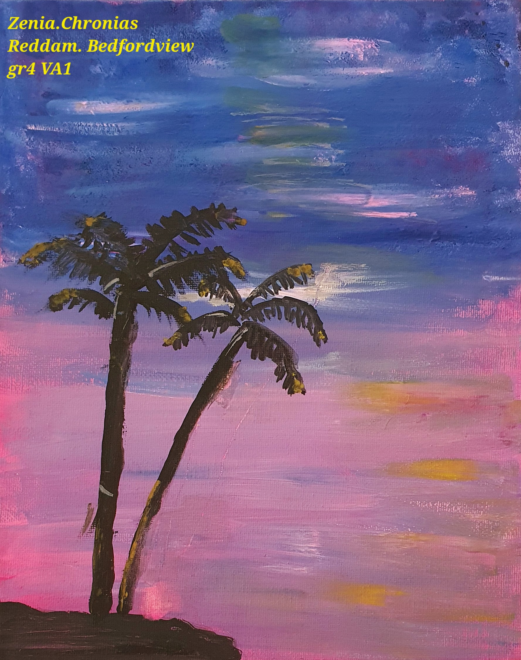 Sunset by Zenia Chronias featuring silhouetted palm trees against a vibrant sky