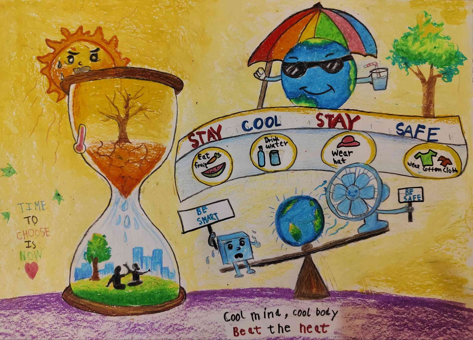 Beat the heat by Swaransh kumar - hourglass with parched tree and lush landscape
