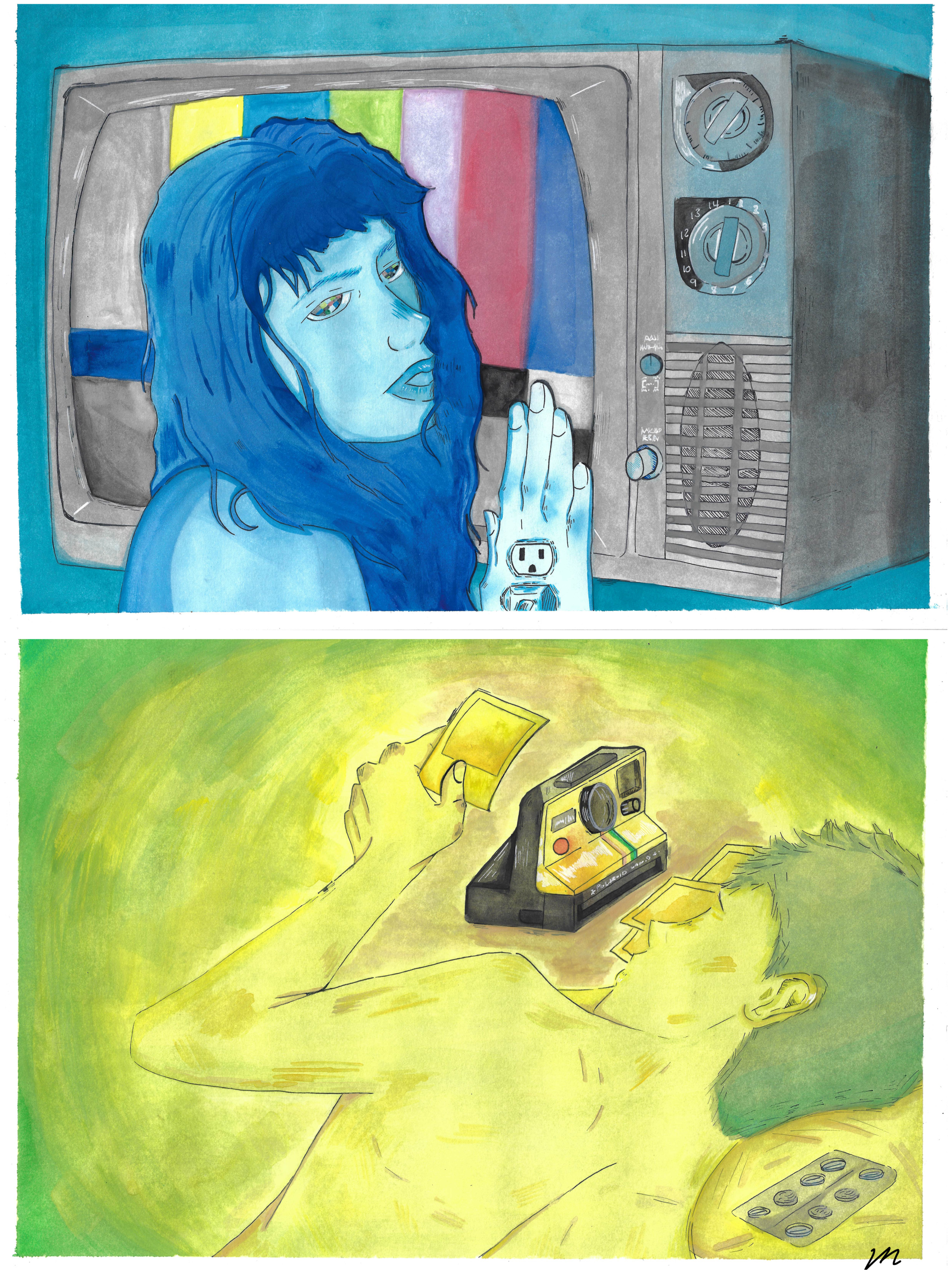 Hues of Infatuation by Victoria Maponga, woman in cool blue tones with retro television