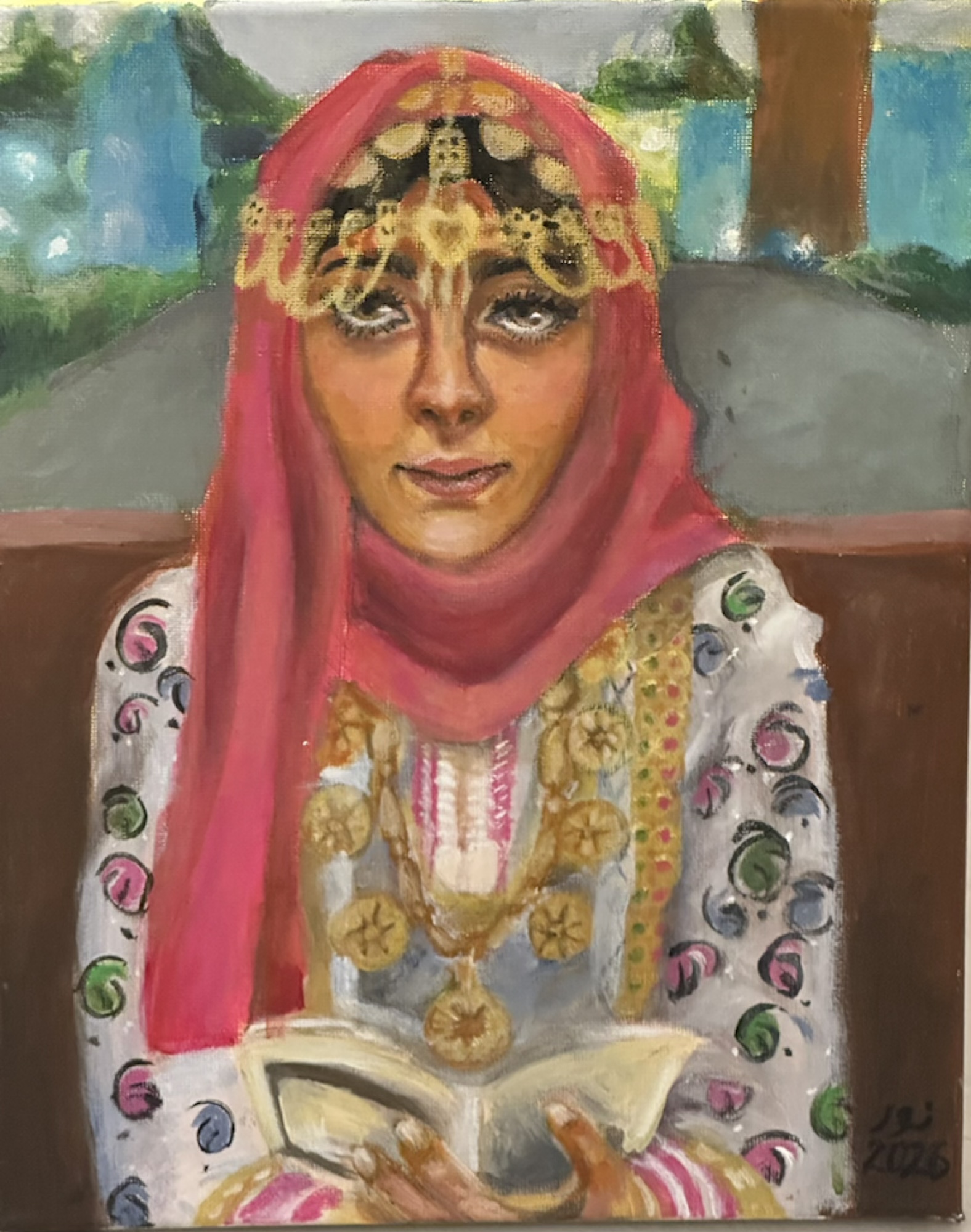 Bathed in culture by Noor Almaarmari, young woman with book, vibrant pink headscarf, gold headpiece