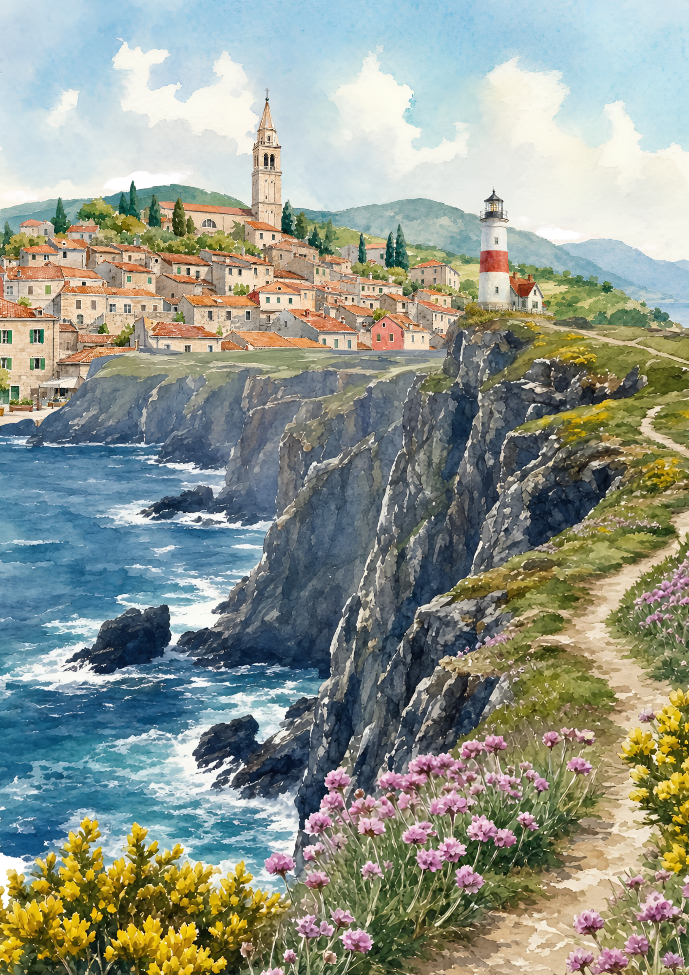Beyond the clifftop by Vindya vishvani Perera, coastal village and lighthouse