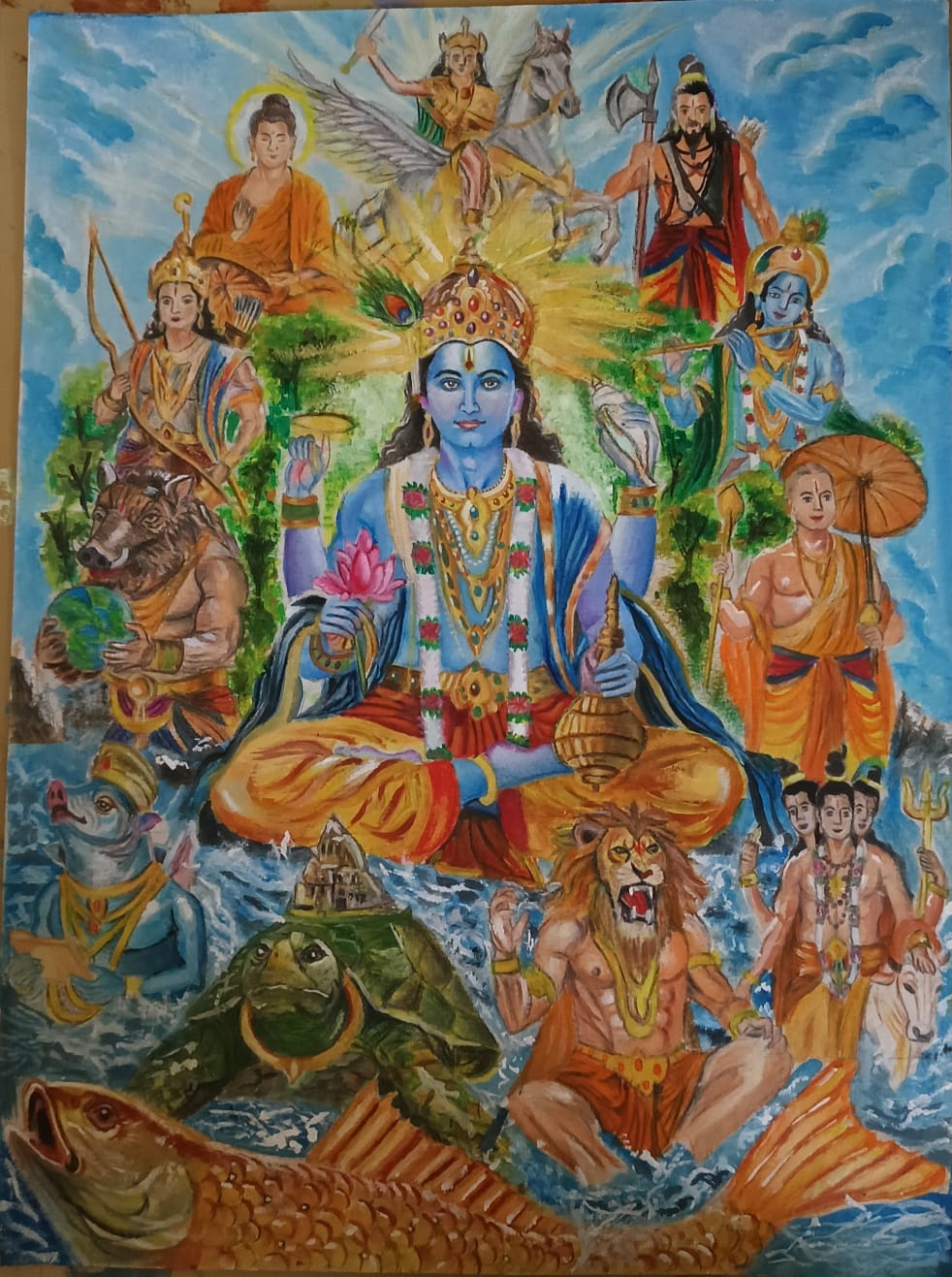 Vishnu 10 divine avatar by Rutuja Chaudhari, depicting ten avatars in vibrant colors